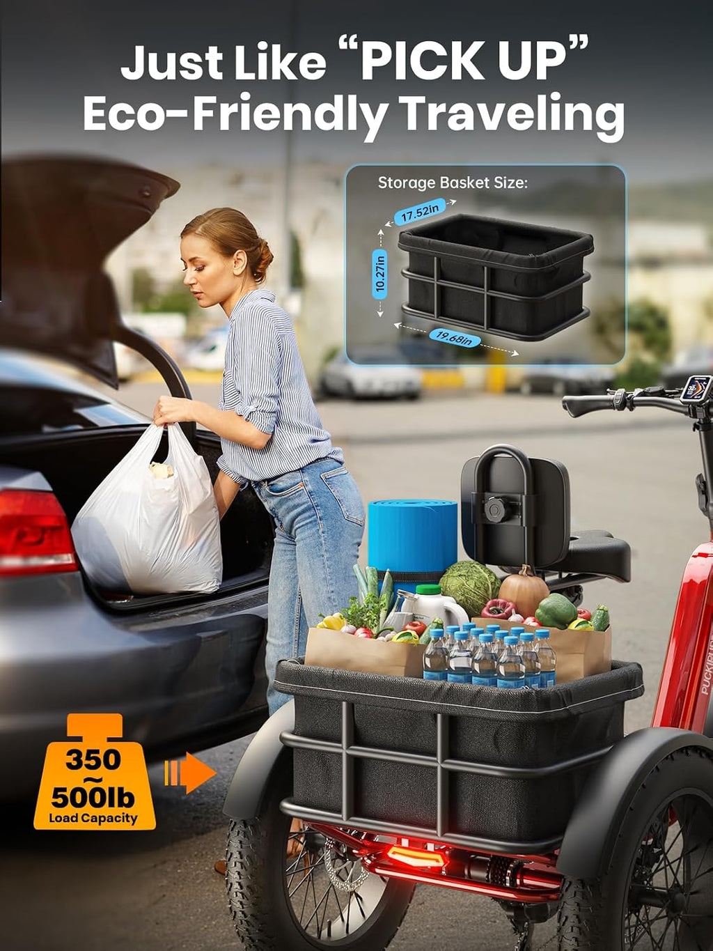 Electric Trike for Adult with 48V 17.4AH Cells Battery, 60 Miles Range, 960W Peak Motor, Pickup Class 500 LB Load Electric Tricycle with 20' Fat Tire and Large Basket for City and Mountain Road, Husky