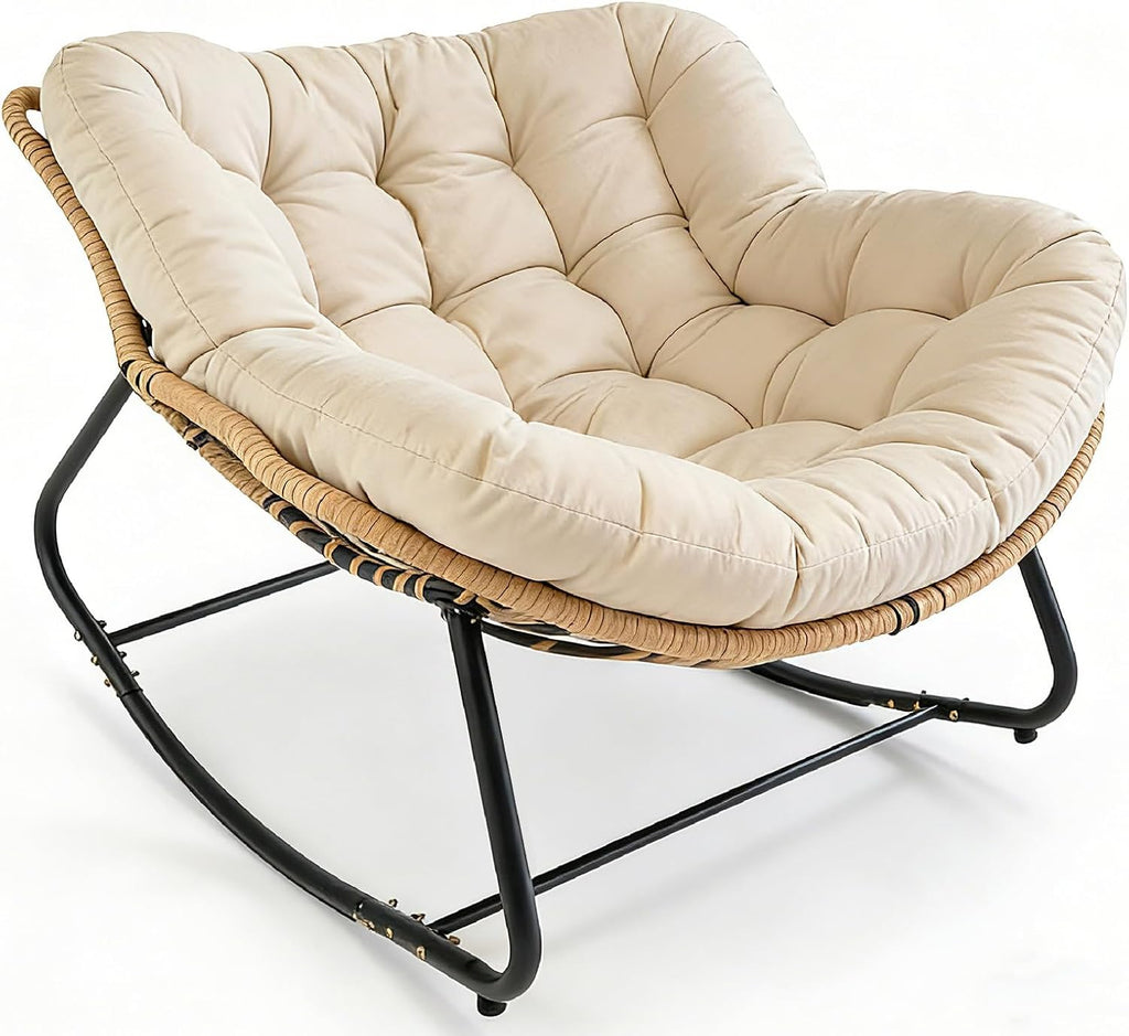 PROHIKER Outdoor Papasan Rocking Chair, Indoor Egg Rocking Chair with Thick Cushion, Oversized Wicker Rattan Patio Lounge Chairs for Backyard, Balcony, Living Room (Beige)