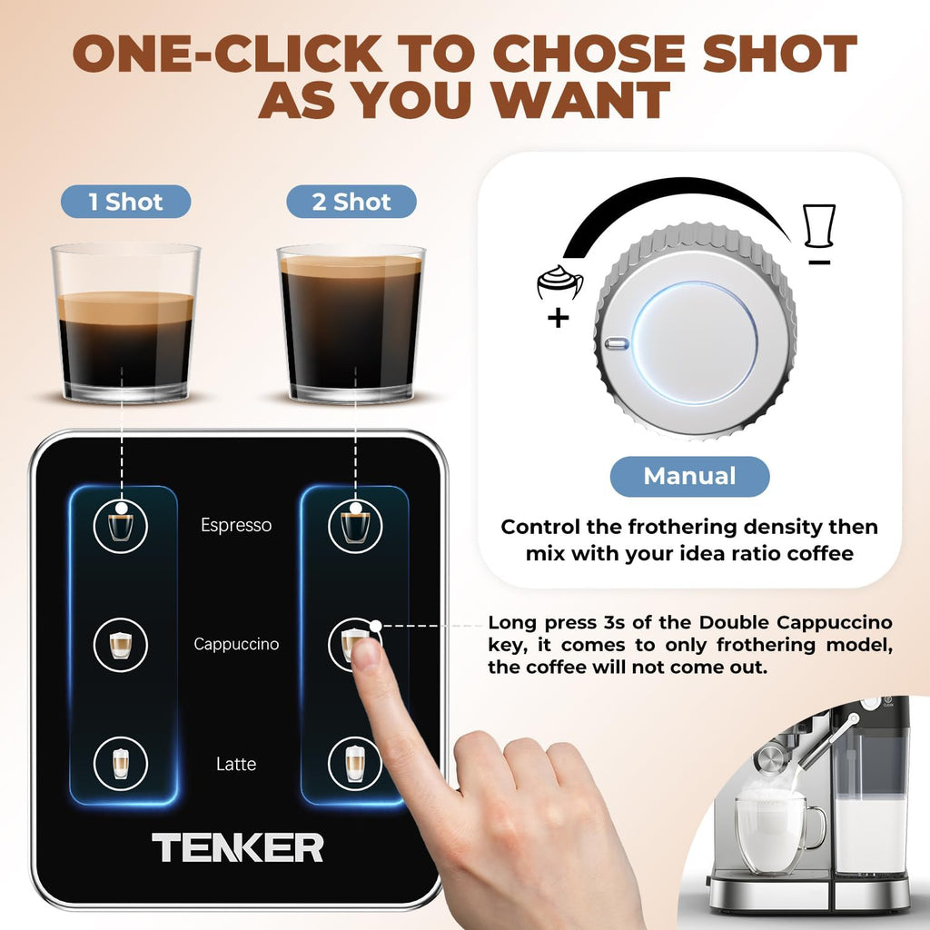 TENKER Espresso Machine 20 Bar, Cappuccino Machine with Automatic Milk Frother, Latte Machine in Stainless Steel Design, 1350W Touchscreen Coffee Maker for Home and Office (Silver)