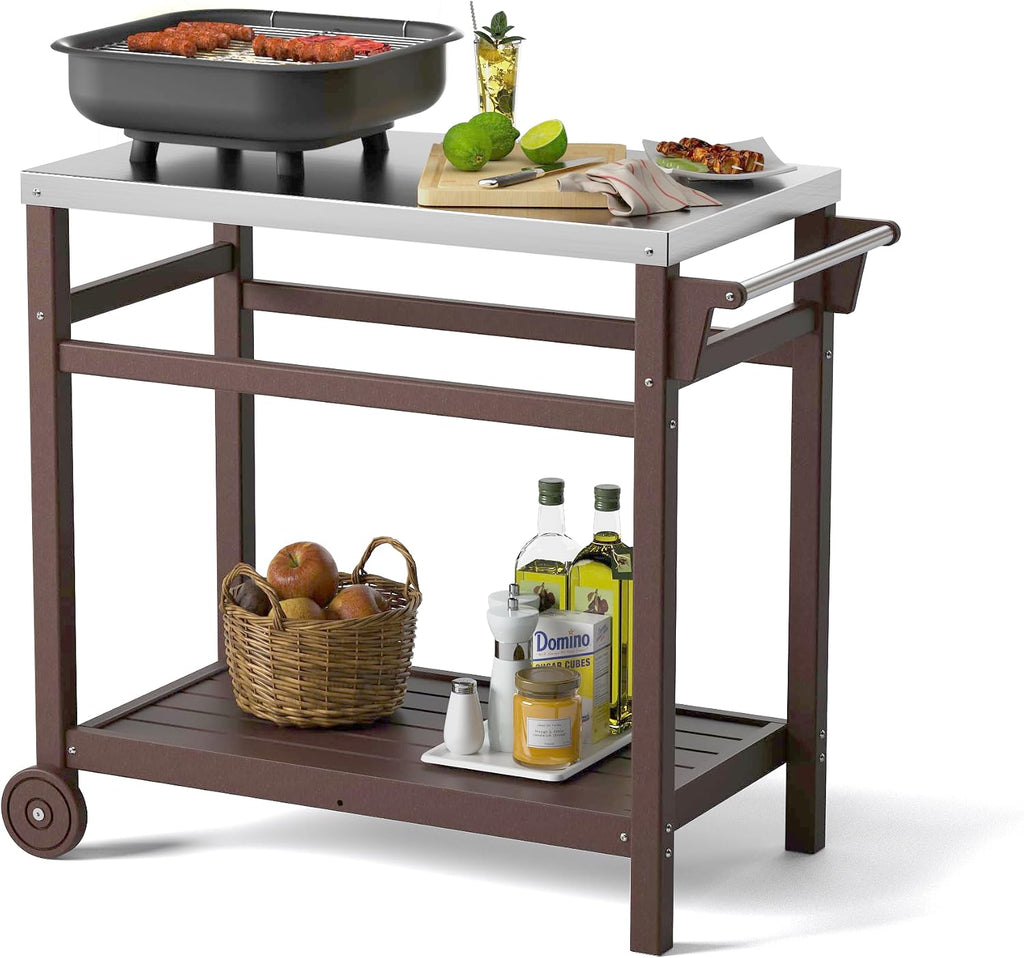 TORVA Outdoor Prep Grill Carts, 303 Stainless Steel Tabletop with High Load Capacity Portable BBQ Table, HDPE Durable Frame 2-Tier Storage Cart, Brown