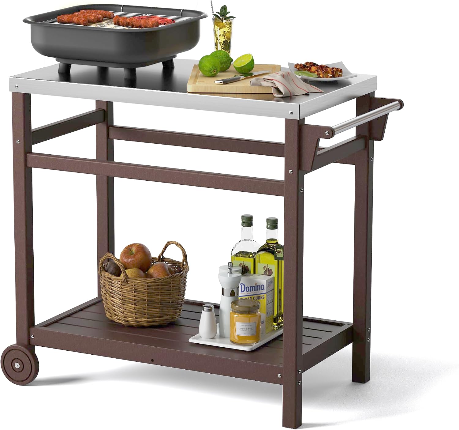 TORVA Outdoor Prep Grill Carts, 303 Stainless Steel Tabletop with High Load Capacity Portable BBQ Table, HDPE Durable Frame 2-Tier Storage Cart, Brown