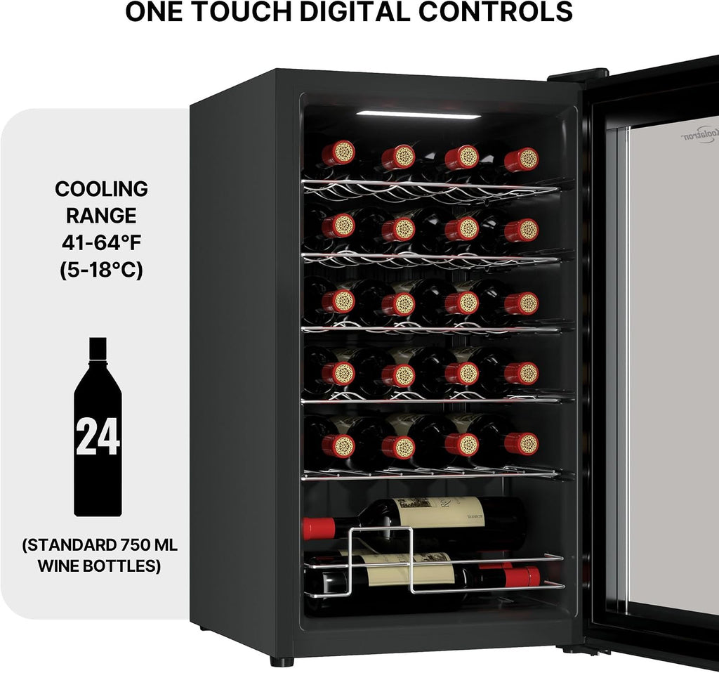Koolatron 24 Bottle Wine Fridge – Freestanding Wine Cooler with Glass Door, 2.4 cu. ft (68 L), Beverage Can Refrigerator, Digital Temperature Control, Ideal for White, Red, Sparkling Wine, Champagne