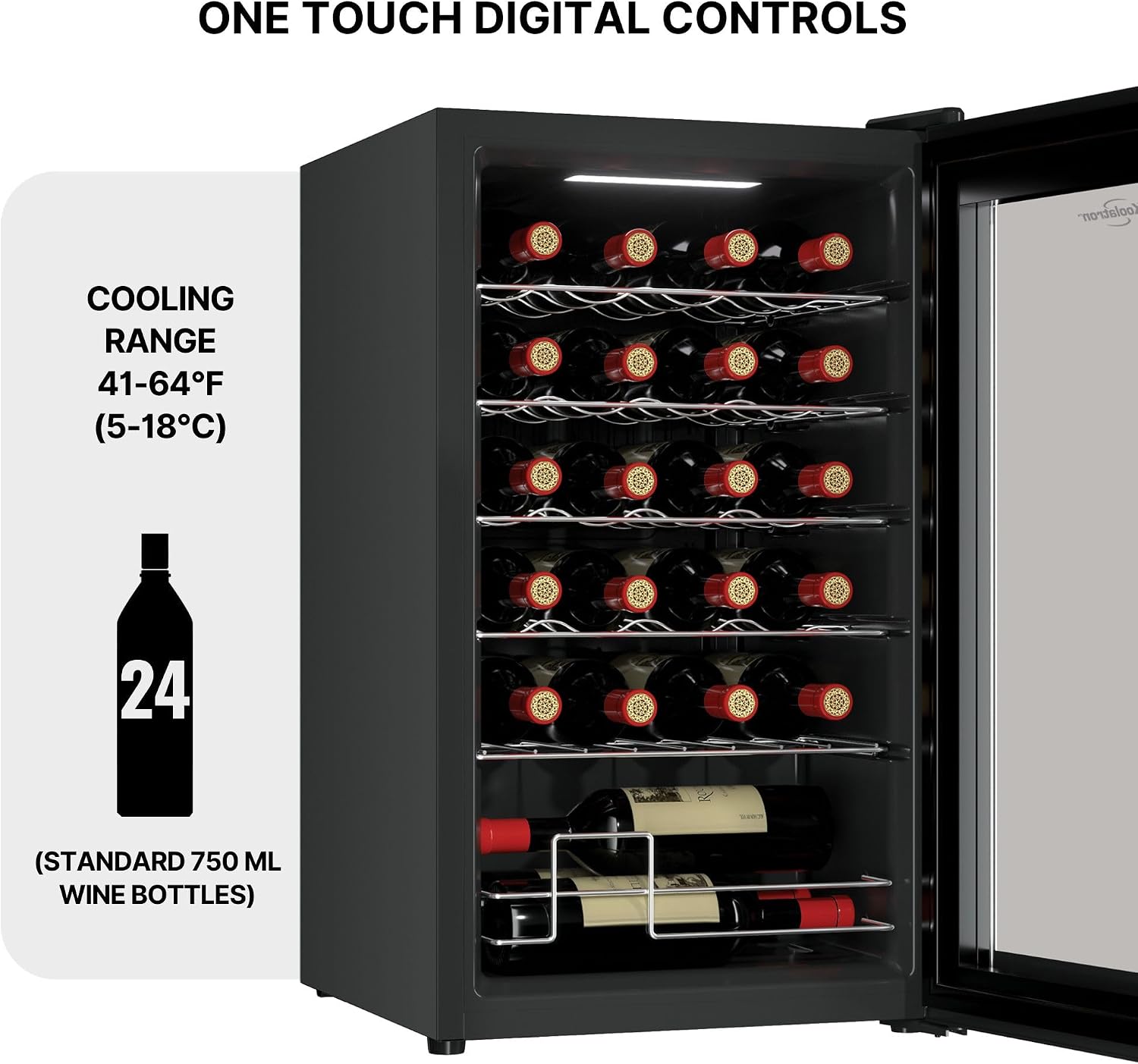 Koolatron 24 Bottle Wine Fridge – Freestanding Wine Cooler with Glass Door, 2.4 cu. ft (68 L), Beverage Can Refrigerator, Digital Temperature Control, Ideal for White, Red, Sparkling Wine, Champagne