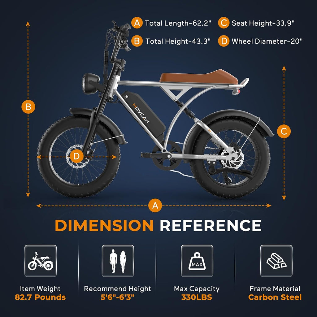 Movcan V60 Series Electric Bike for Adults,1000W/1500W, 30/33MPH,48V 15.6/18.2 Battery,Up to 80Mile Dual Hydraulic Brake,20' Fat Tire,7-Speed Motorcycle Ebike for Commuting/Off-Roading