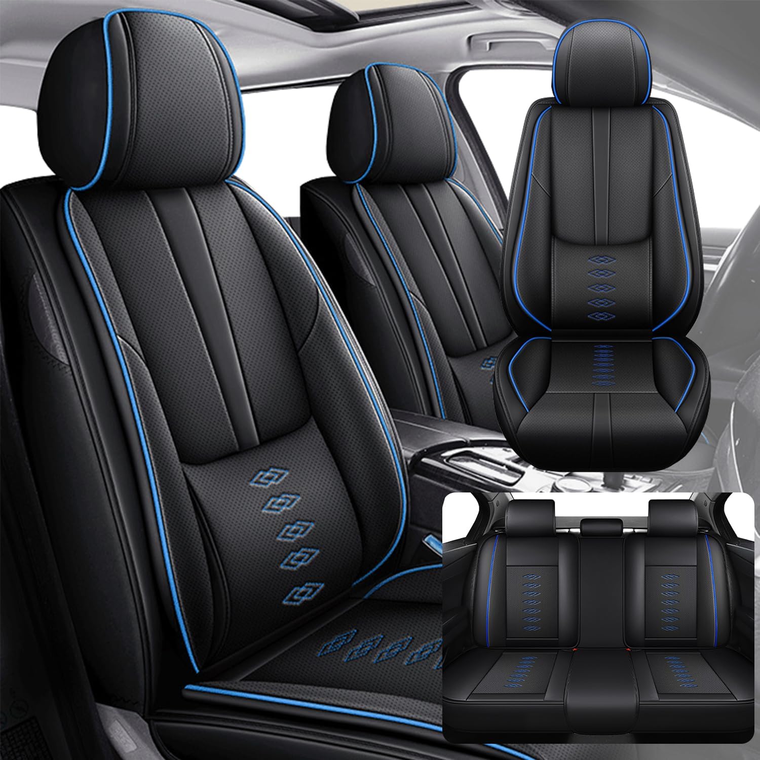 Car Seat Covers 5 Seats Fit for Mazda CX-90 2024 2025,Waterproof Leather Seat Covers,Airbag Compatible,Car Seat Protectors Interior Sets(Full Set,Black&Blue)