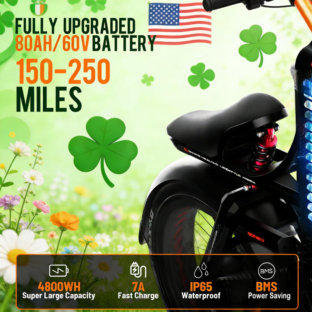 eAhora 2026 Romeo Pro 3 50MPH Electric Bike for Adults 5600W Dual Motor E Bike 60V/80Ah 250 Miles Long Range Electric Bicycle,26 * 4.0 Fat Tire Full Suspension Electric Mountain Bike Delivery Commute