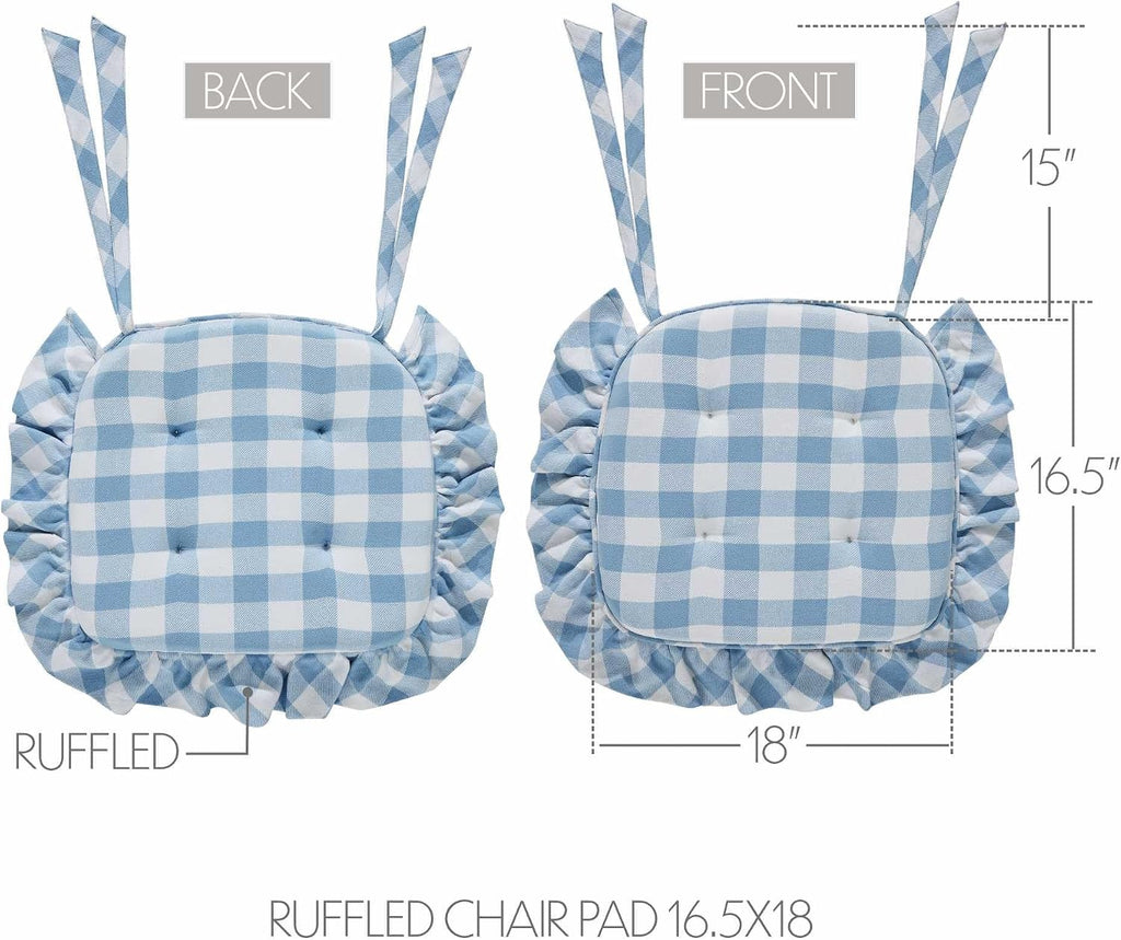 VHC Brands Chair Pad 16.5x18, Cotton Dining Room, Kitchen Chair Pads, Seat Cushion with Ties, Tucked, Annie Buffalo Check Collection, Rectangle 16.5x18, Dusk Blue, Set of 8