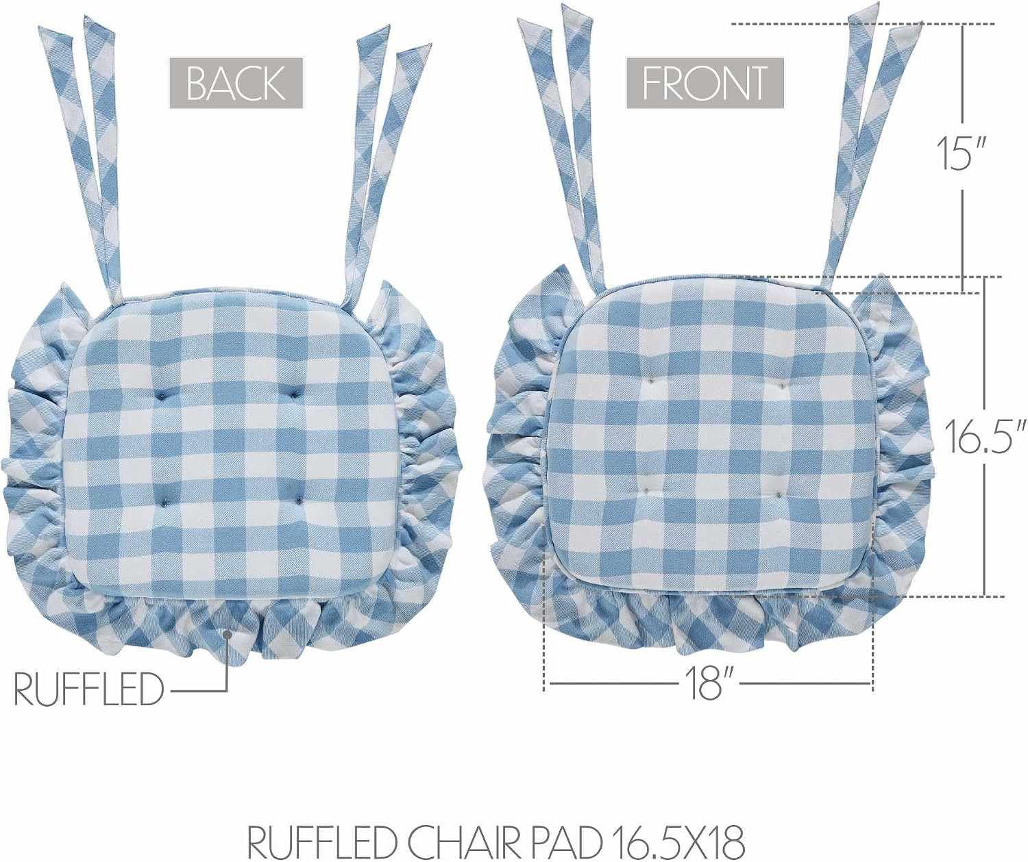 VHC Brands Chair Pad 16.5x18, Cotton Dining Room, Kitchen Chair Pads, Seat Cushion with Ties, Tucked, Annie Buffalo Check Collection, Rectangle 16.5x18, Dusk Blue, Set of 8