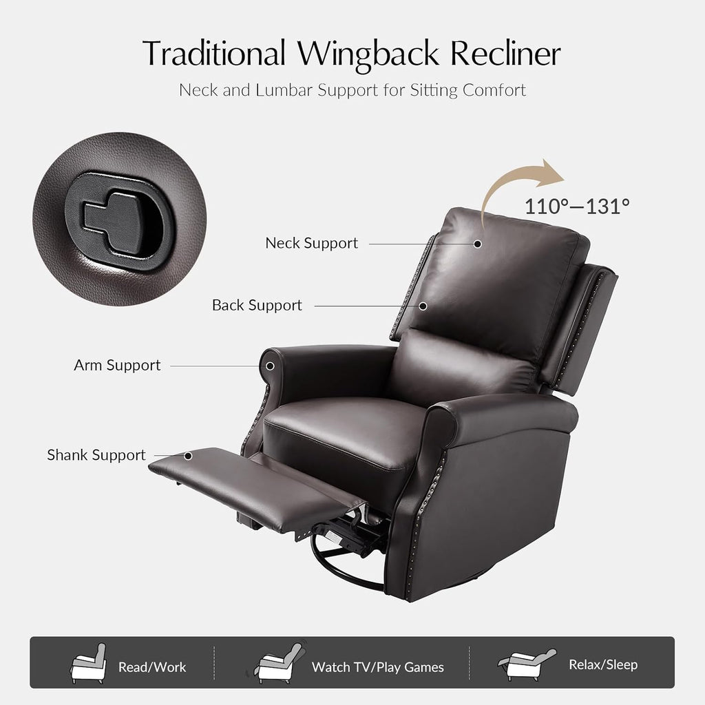 HULALA HOME Faux Leather Swivel Rocker Recliners Set of 2 with Adjustable Backrest and Footrest, Push Back Recliner Chairs with Nailhead Trim, Swivel Glider Rocking Chairs for Living Room, Brown