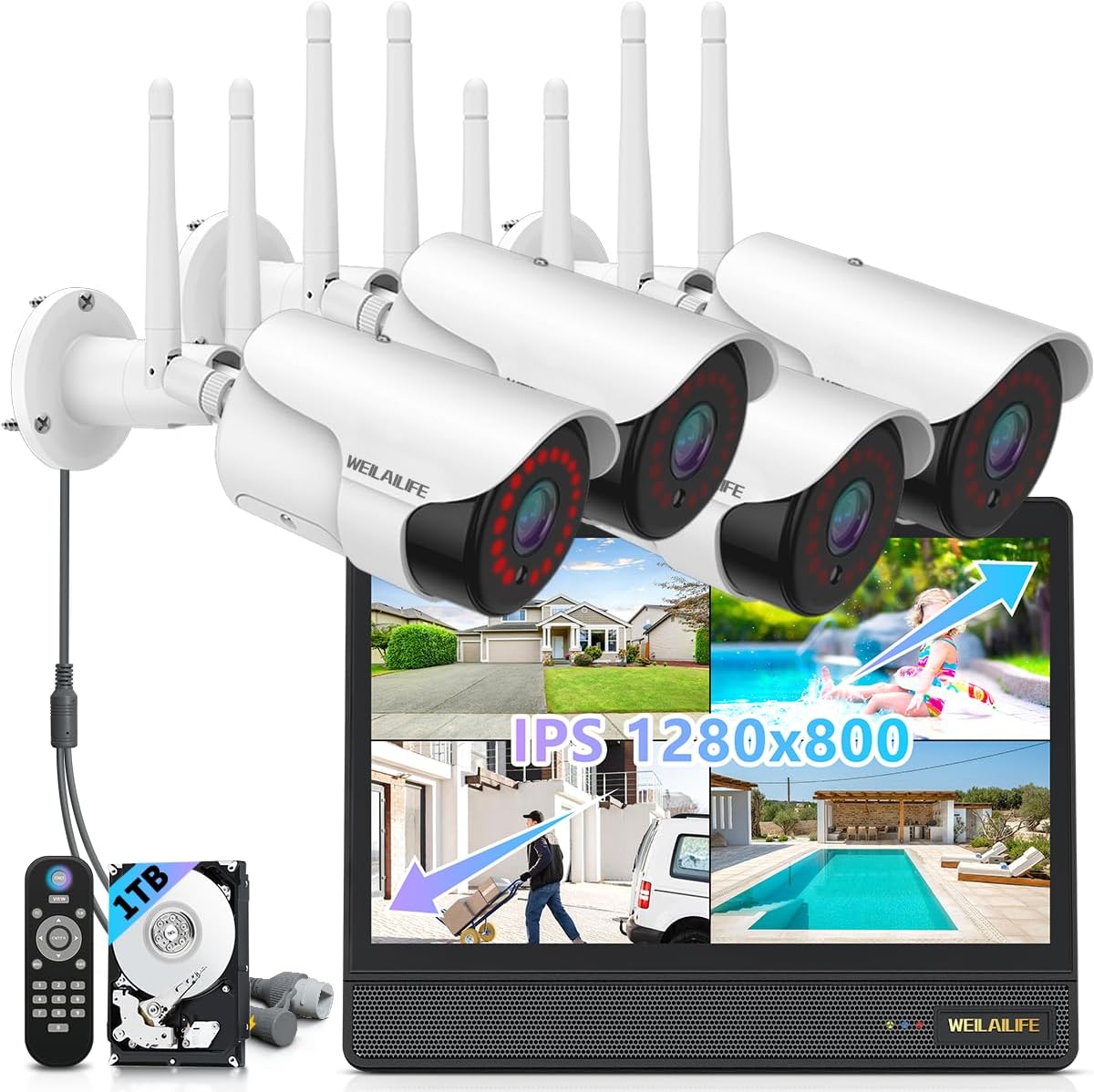 WEILAILIFE 5MP Wireless Security Camera System with 10' Monitor, Outdoor WiFi Home Video Cameras Systems Surveillance DVR Kits