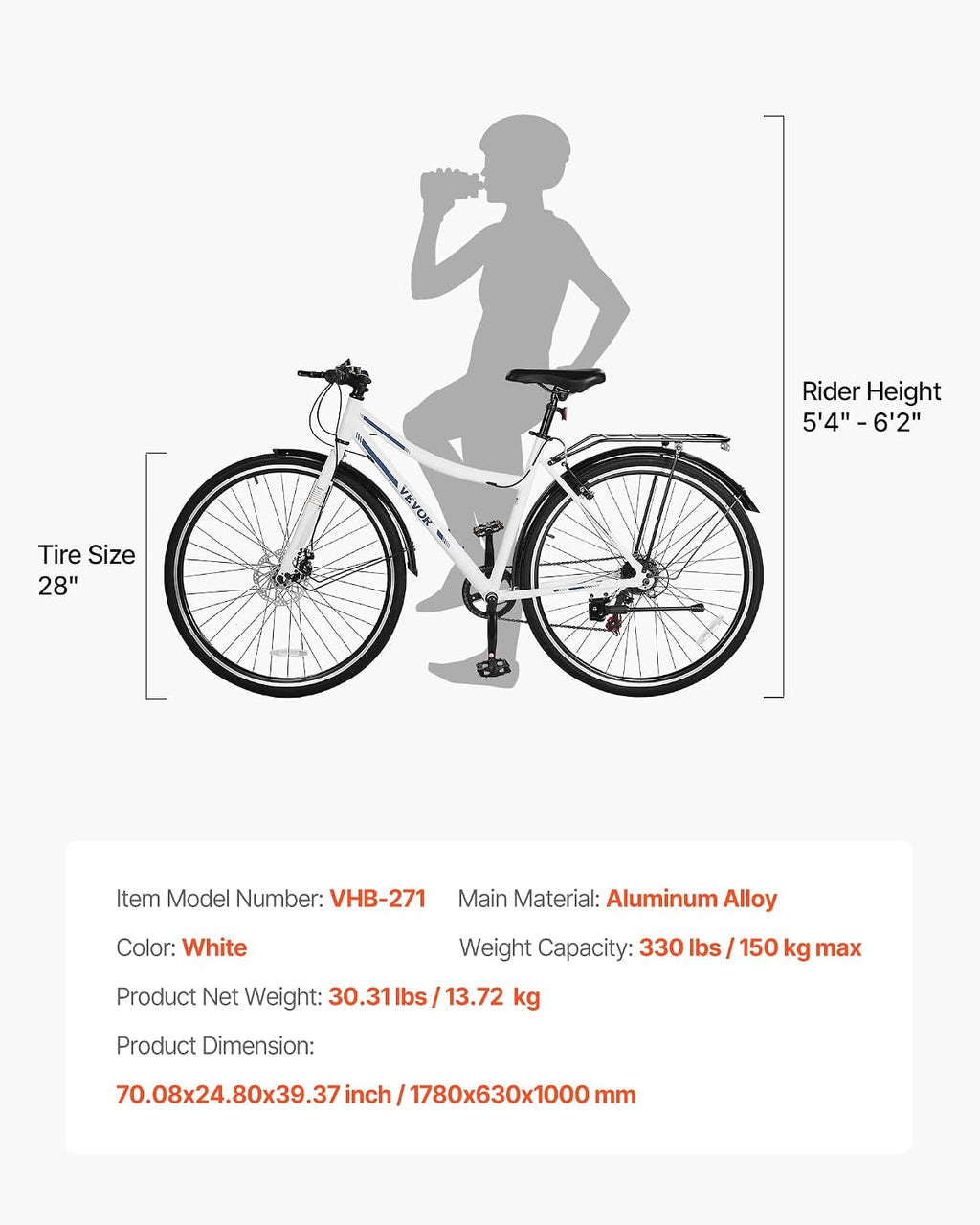 VEVOR Hybrid Bike, Lightweight Aluminum Frame Bike, 700c Wheel Men Women Hybrid Bicycle, Step-Over/Step-Through Adult Urban City Commuter Bikes, with 7/24 Speed, Alloy Adjustable Stem and Seat