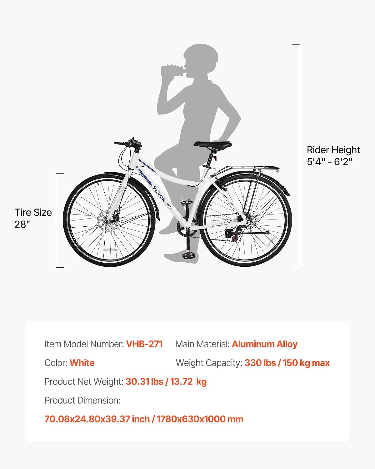 VEVOR Hybrid Bike, Lightweight Aluminum Frame Bike, 700c Wheel Men Women Hybrid Bicycle, Step-Over/Step-Through Adult Urban City Commuter Bikes, with 7/24 Speed, Alloy Adjustable Stem and Seat
