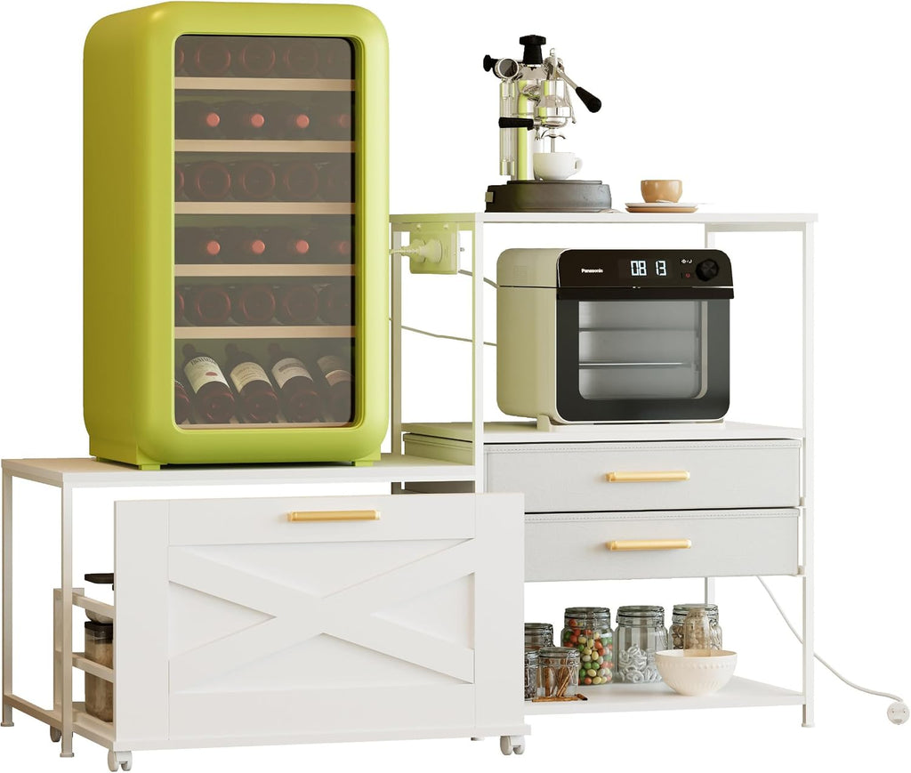Mini Fridge Stand with Storage Drawers, Farmhouse Mini Fridge and Microwave Stand with Power Outlet & Cabinet, Kitchen Bakers Rack with Storage Shelf and for Home Dorm Office Bar, White