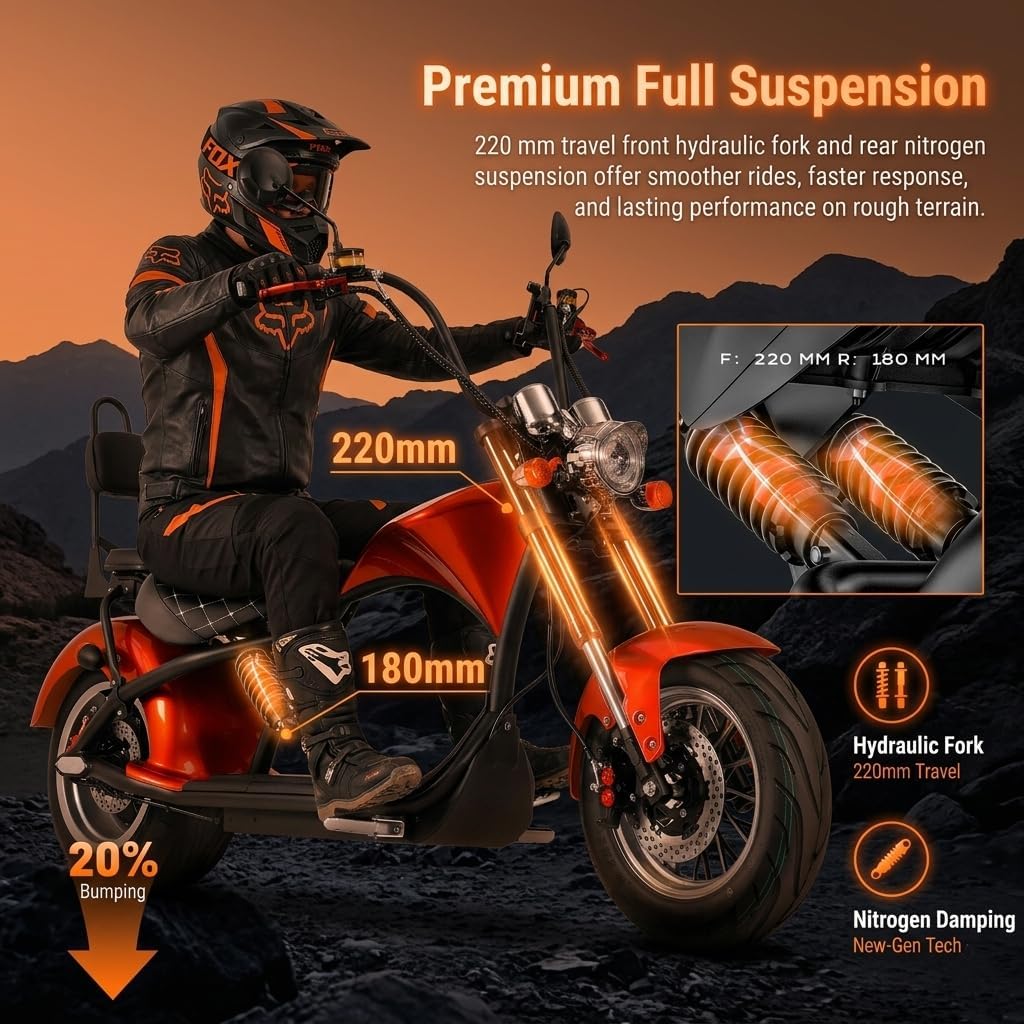 eAhora M1 2 Seater 2000W Electric Motorcycle for Adults,37MPH 60V 30Ah Battery 40 Miles Long Range Full Suspension Dual Hydraulic Brakes, Street Legal Electric Motorcycle