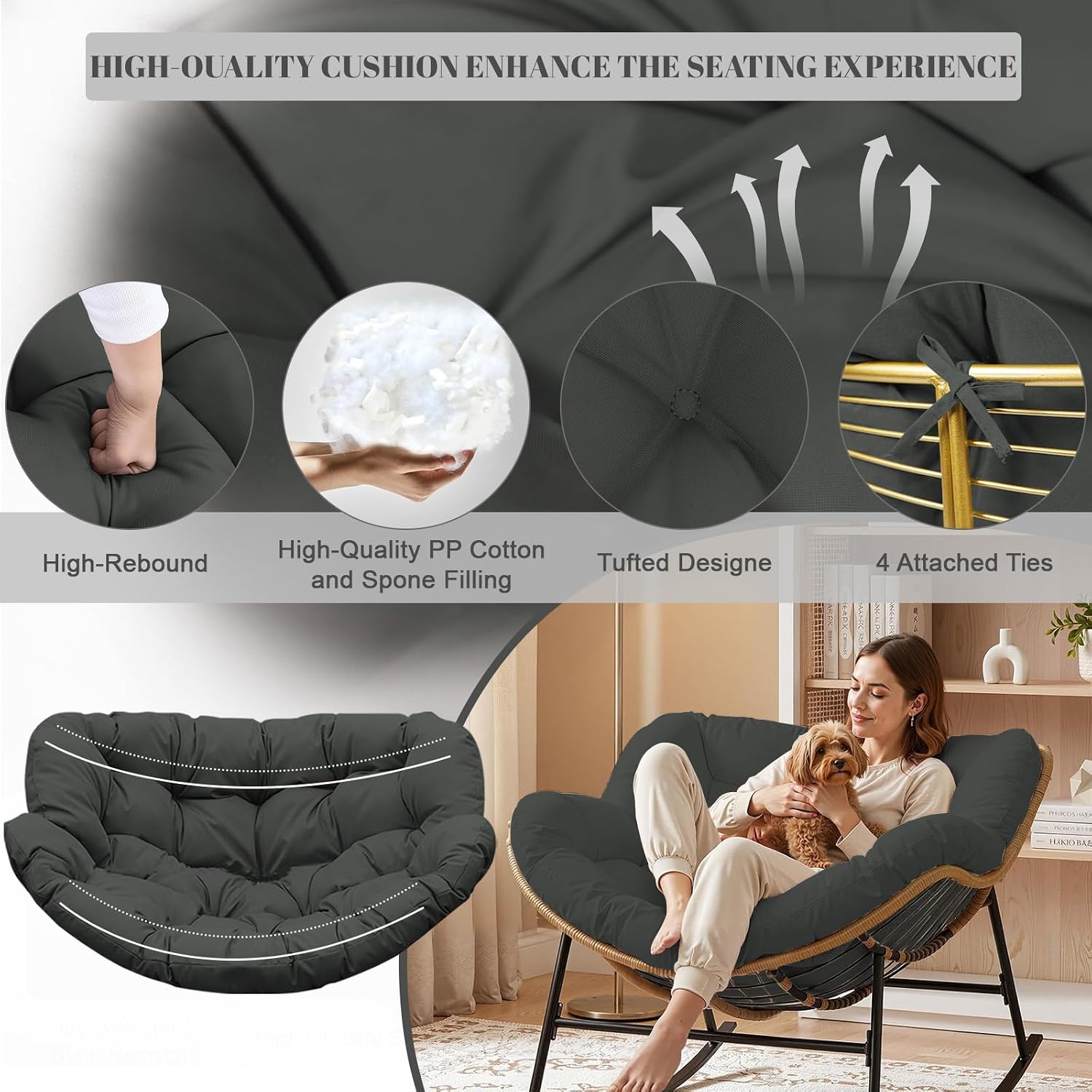 Thickened Waterproof Papasan Rocking Chair Cushion, 6.3'' Patio Egg Chair Pad with Ties, Outdoor/Indoor Rattan Hammock for Porch, Garden, Balcony(Only Cushion not Chairs) (Dark Grey)