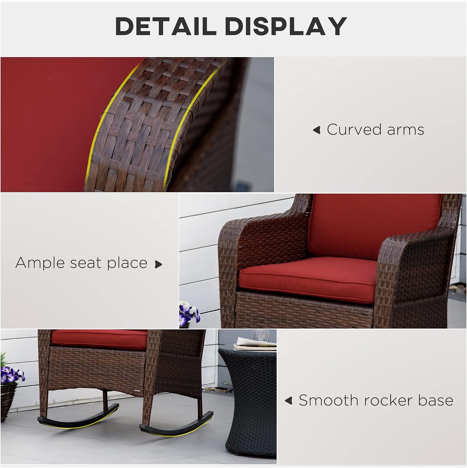 Outsunny Outdoor Wicker Rocking Chair with Wide Seat, Thick Cushions, Rattan Rocker with Steel Frame, High Weight Capacity for Patio, Garden, Backyard, Wine Red