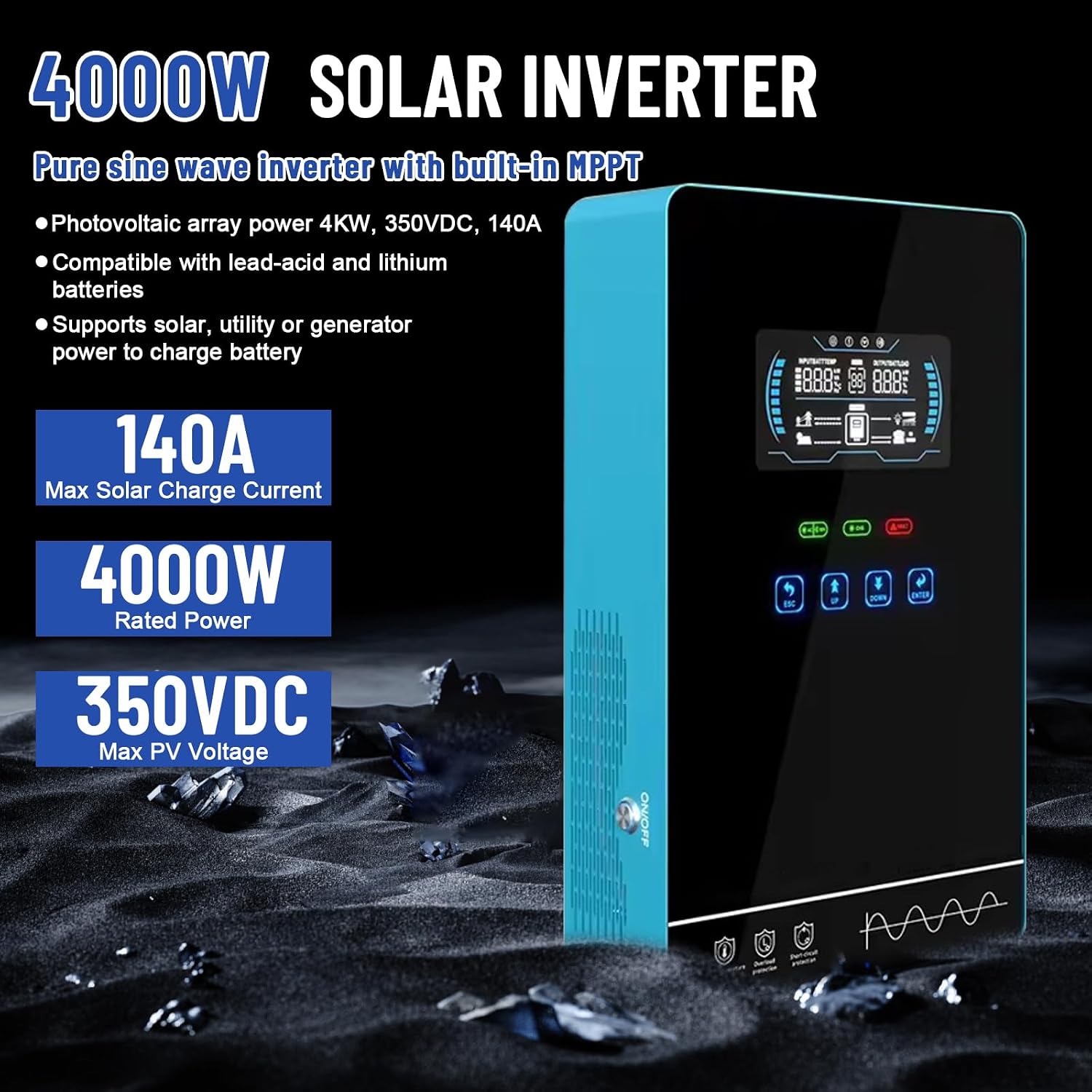 POWLAND 4000W Hybrid Solar Inverter | 24V DC to 120V AC Pure Sine Wave | LCD Display with Glass Top | 140A MPPT Charge Controller | Battery-Less & Lithium/AGM Battery Compatible