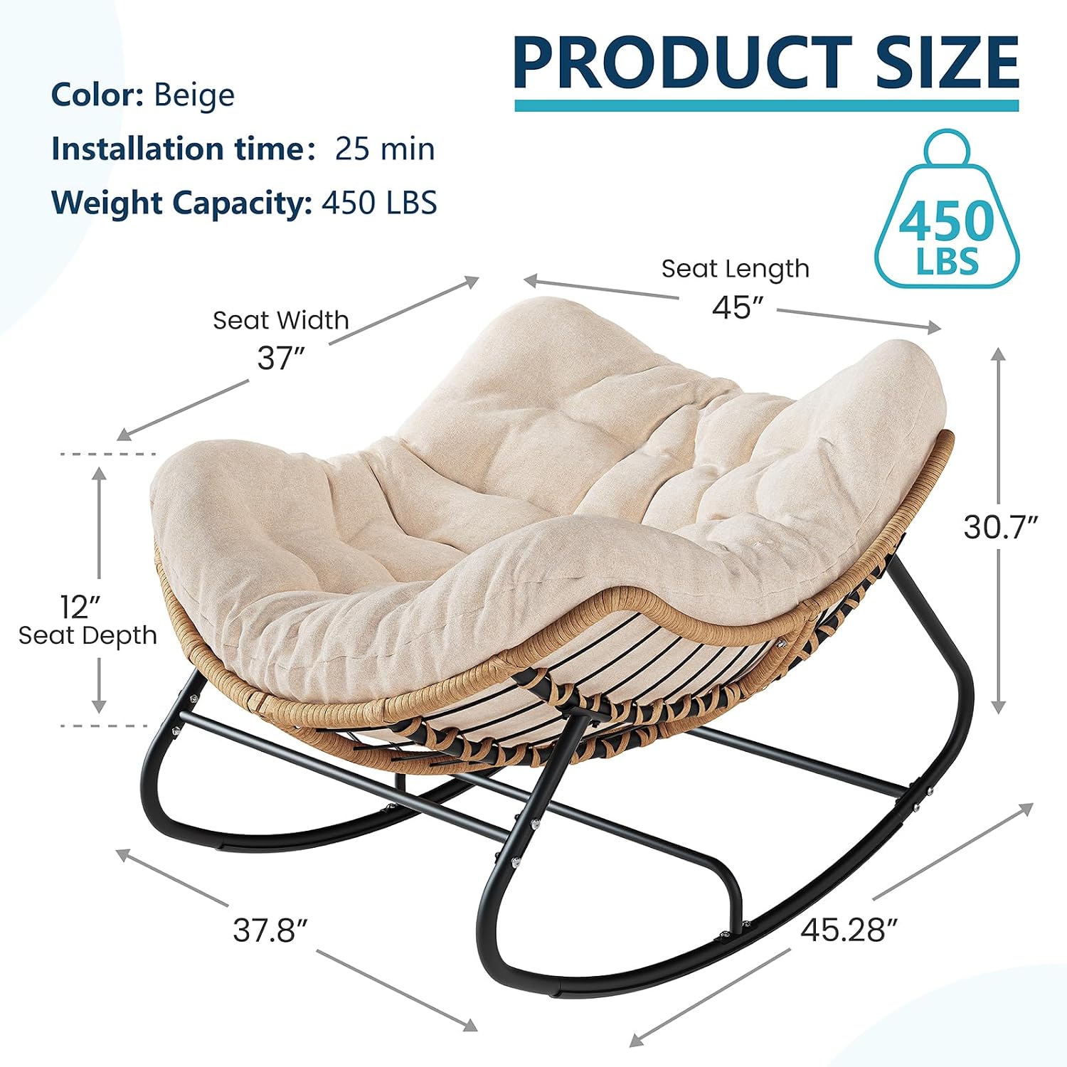 LEYCAY Outdoor Rocking Chair, Oversized Papasan Chair, Indoor Comfy Lounge Rocker with Cushion for Patio, Living Room, Porch, Balcony-Cream