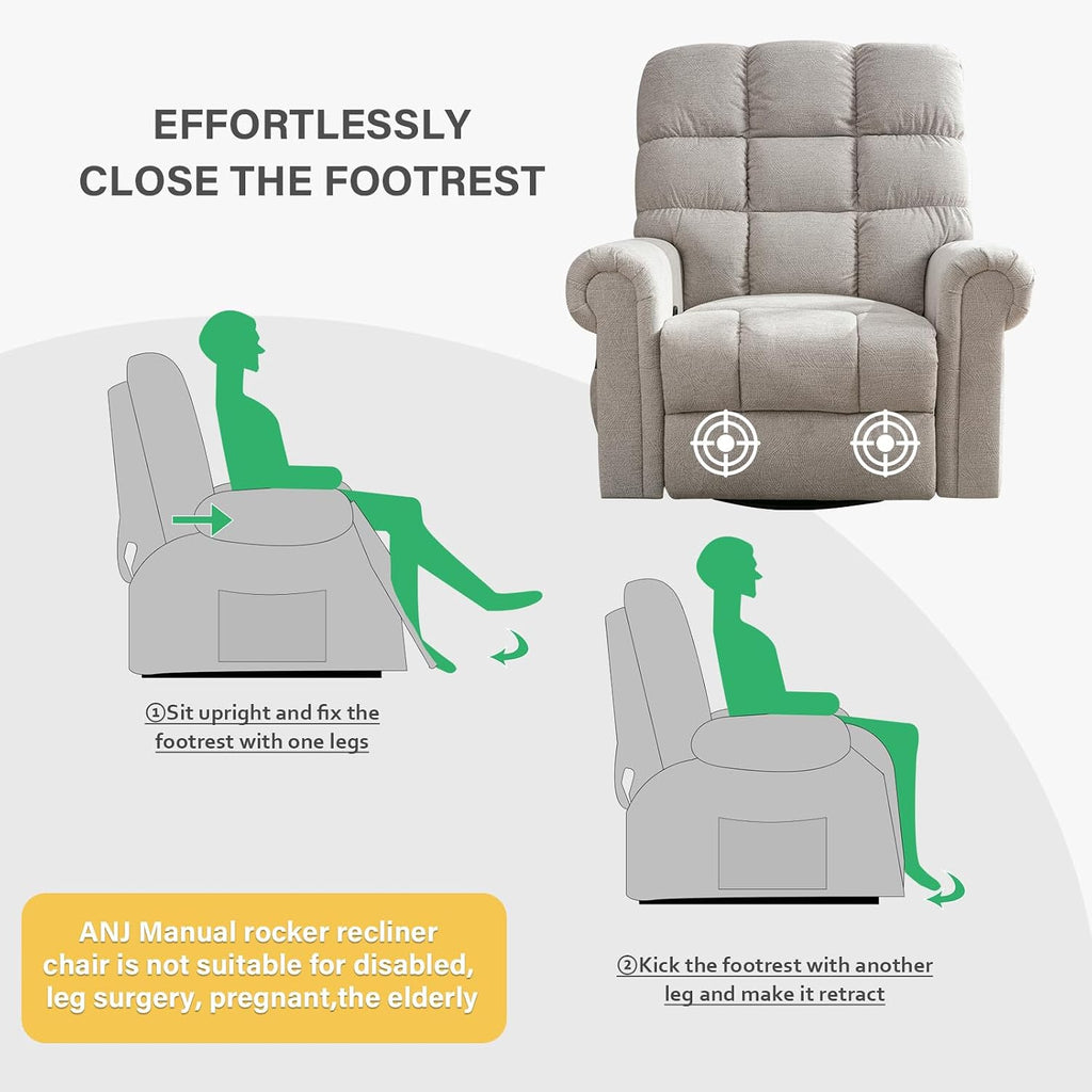 ANJ 360°Swivel Rocker Recliner Chair with Massage and Heat, Manual Overstuffed Oversized Swivel Recliners for Big Man, Large Glider Rocking Reclining Chairs for Nursery, Living Room, Beige