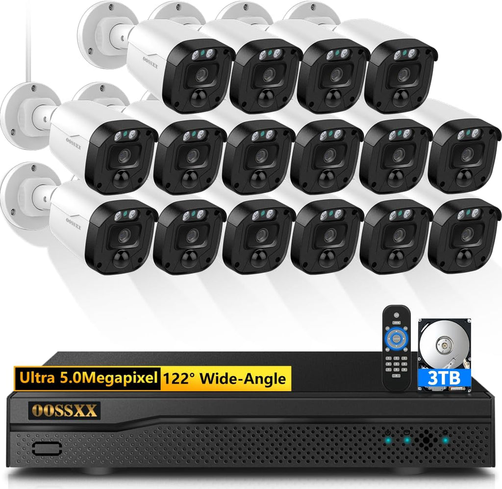 (2026 Update) 5MP Wired Security Camera System Outdoor, 16CH DVR with 16 x 122° Wide Angle Home Surveillance Cameras, IP67 Waterproof, Free App No Monthly Fee, Remote Control, 65ft Night Vision