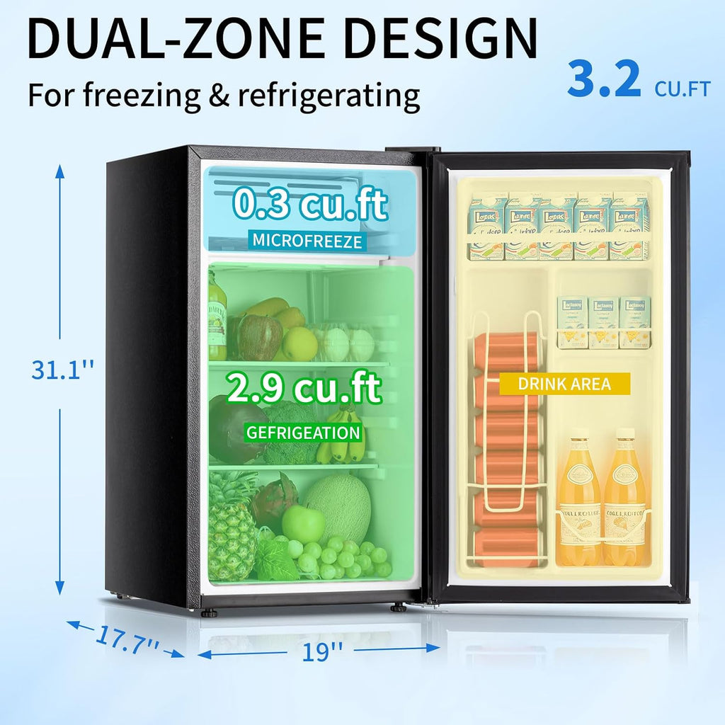 DOGHLY 3.2 Cu.Ft Mini Fridge with Freezer, Single Door Compact Refrigerator with 7 Adjustable Thermostat, Low Noise, Removable Shelf, Small Refrigerator for Dorm, Office, Bedroom, Black