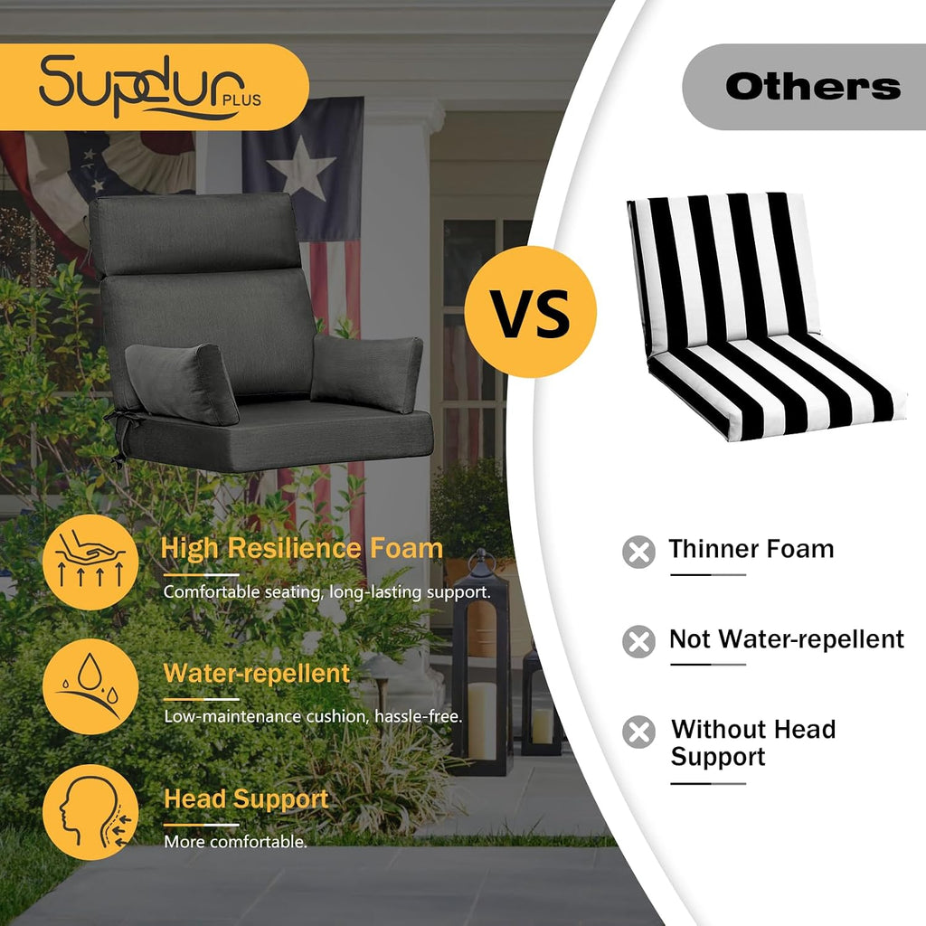 Sunbrella Outdoor High Back Chair Cushion, 2 Pack 48 x 24 inches Patio Chair Cushions Water Repellent Rocking Cushions Indoor Furniture Seat Pad with 2 Pillows, Spectrum Carbon