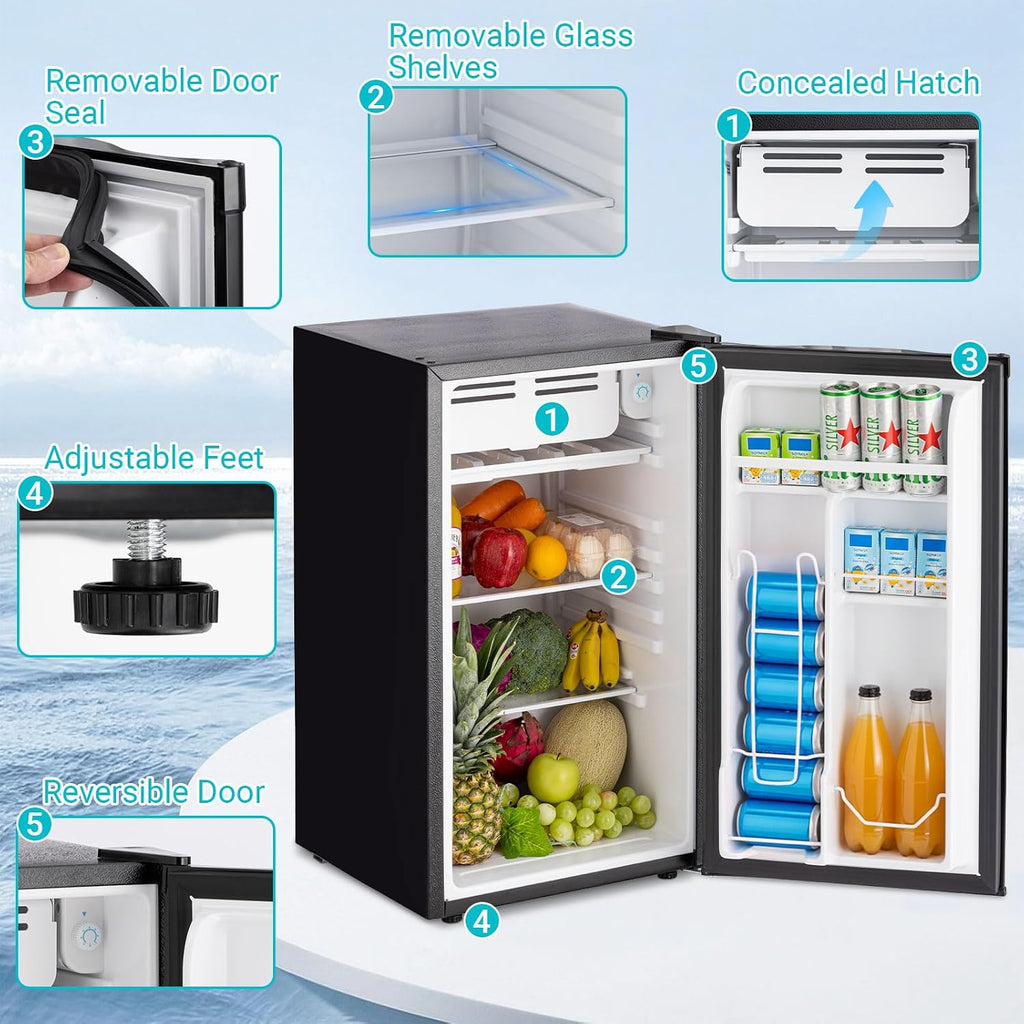 Erivess 3.2 Cu.Ft Mini Fridge with Freezer, Single Door Small Refrigerator with 7 Adjustable Thermostat, Energy Saving, Low Noise, Dorm Fridge for Office, Bedroom, Apartment
