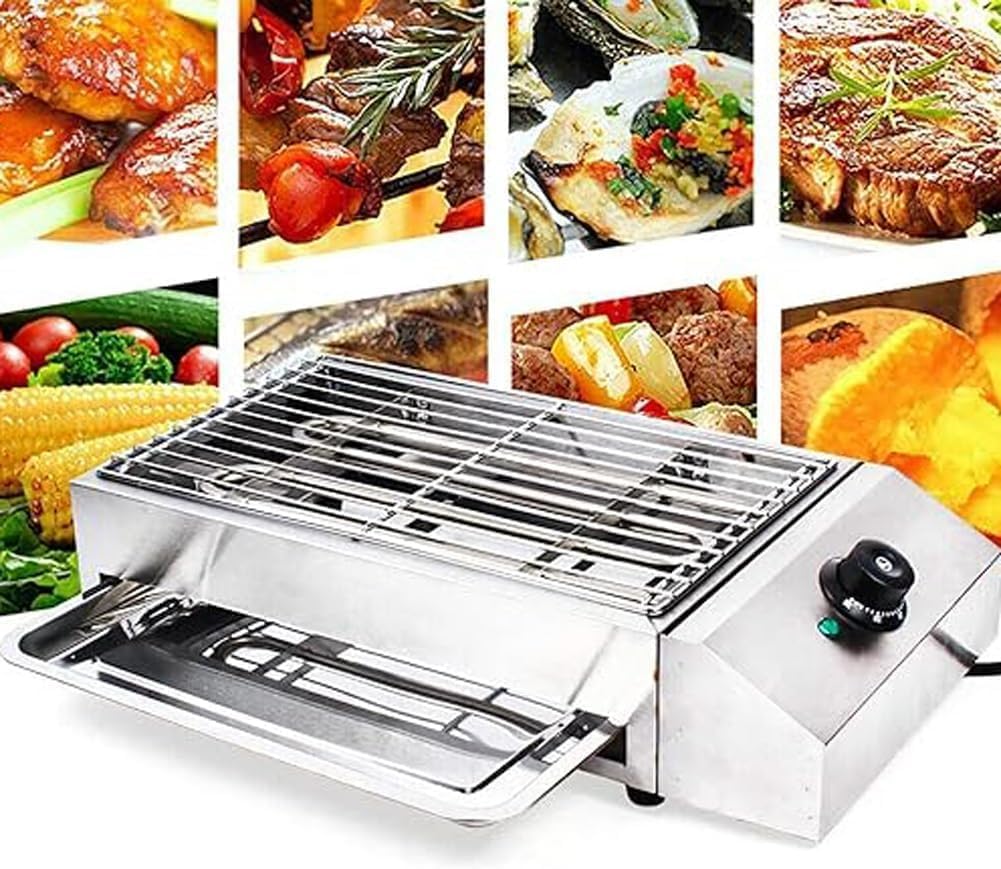 Portable Smokeless BBQ Grill Kebab Machine, 2600W Electric Heating Tube Seafood Meat BBQ Grill Machine, Temperature Control, Countertop Stainless Steel BBQ Griddle with Drip Tray for Garden Party
