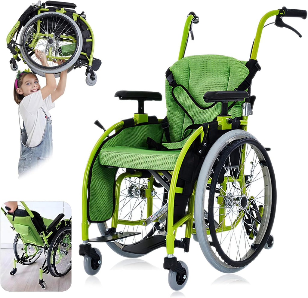 Pediatric Wheelchair for Kids & Children, Lightweight Aluminum Wheelchairs w/Safety Belt, Comfort and Mobility for Disabled Teens, Manual Folding Wheelchair w/Swing-Away Footrest, 14' W Seat