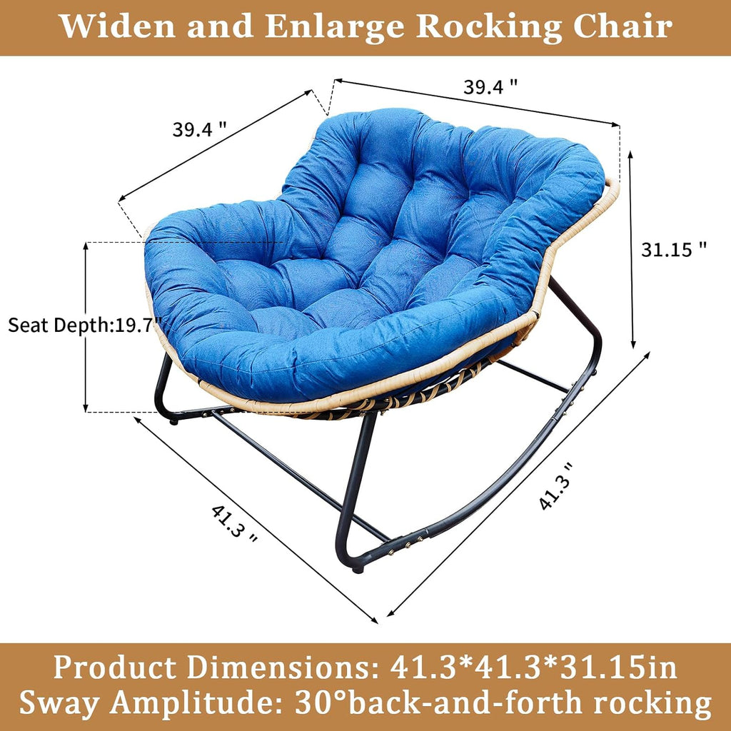 Rocking Papasan Chair Outdoor/Indoor, Rattan Wicker Lounge Rocker Egg Chair with Thick Cushion, Alloy Frame & Anti-Tip Wide Base for Patio, Living Room, Bedroom, Royal Blue