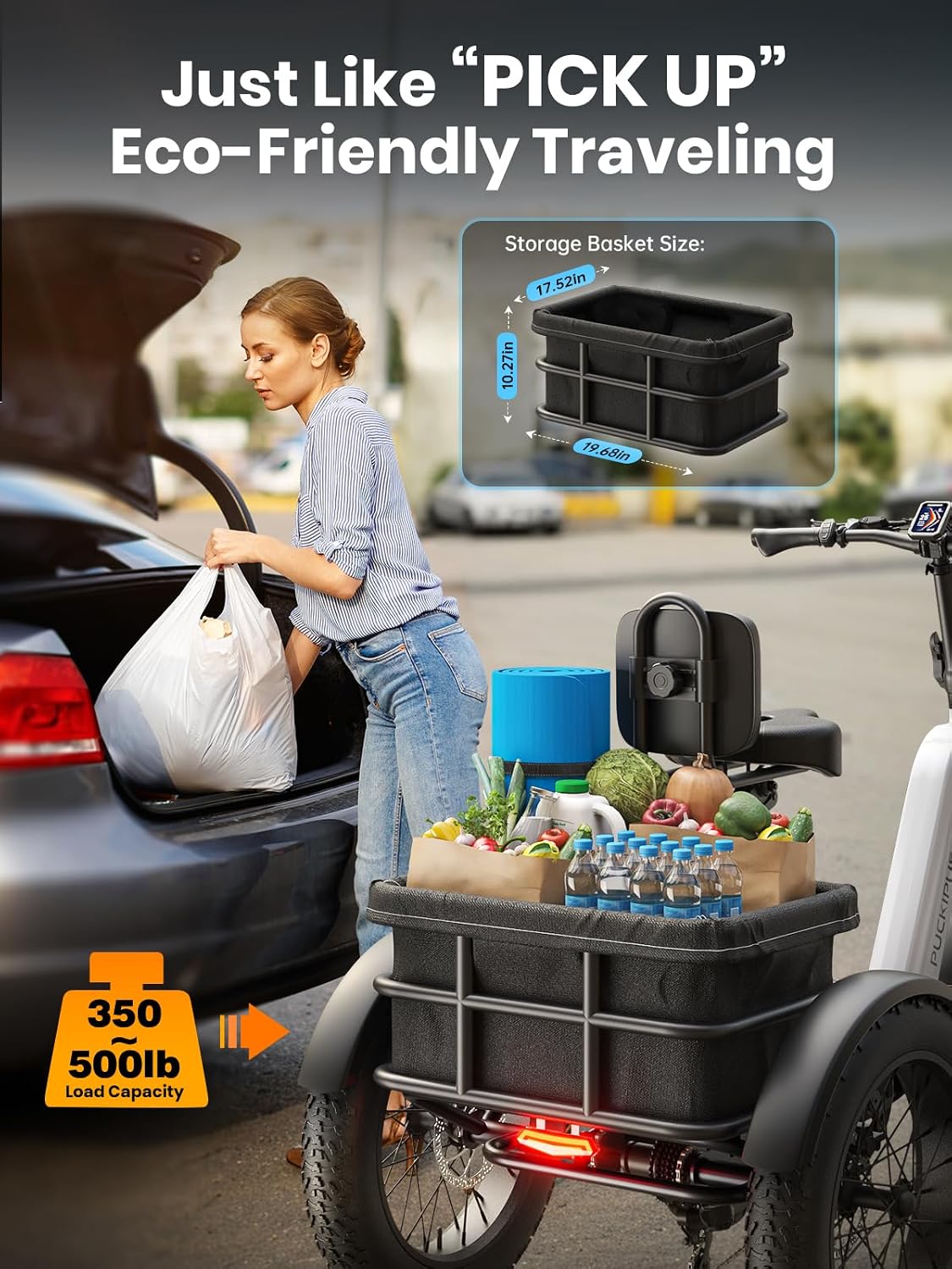 PUCKIPUPPY Electric Trike for Adult with 960W Peak Motor, 60 Miles Range Pickup Class Tricycle, 500 Lbs Load Electric Trike with Rear Differential and 20' Fat Tires, 48V 17.4AH Cell Battery, Husky