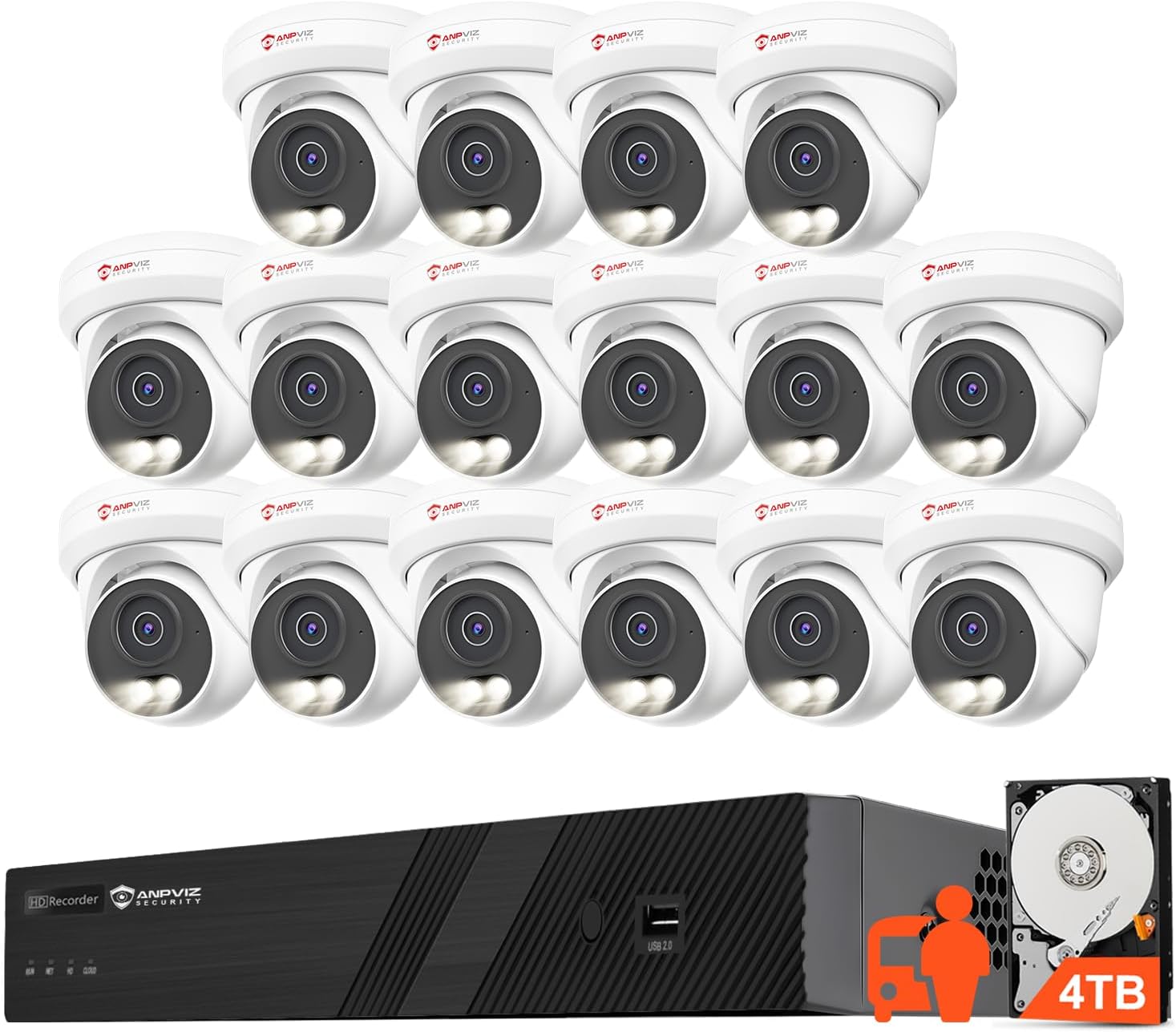 Anpviz 16 Channel NVR PoE Security Camera System, 12MP 4K 16CH Commercial NVR 4TB for Businesses, 16X 6MP Wired IP Turret Cameras Outdoor with AI Detection, Night Vision, Built in Mic, NDAA(U Series)