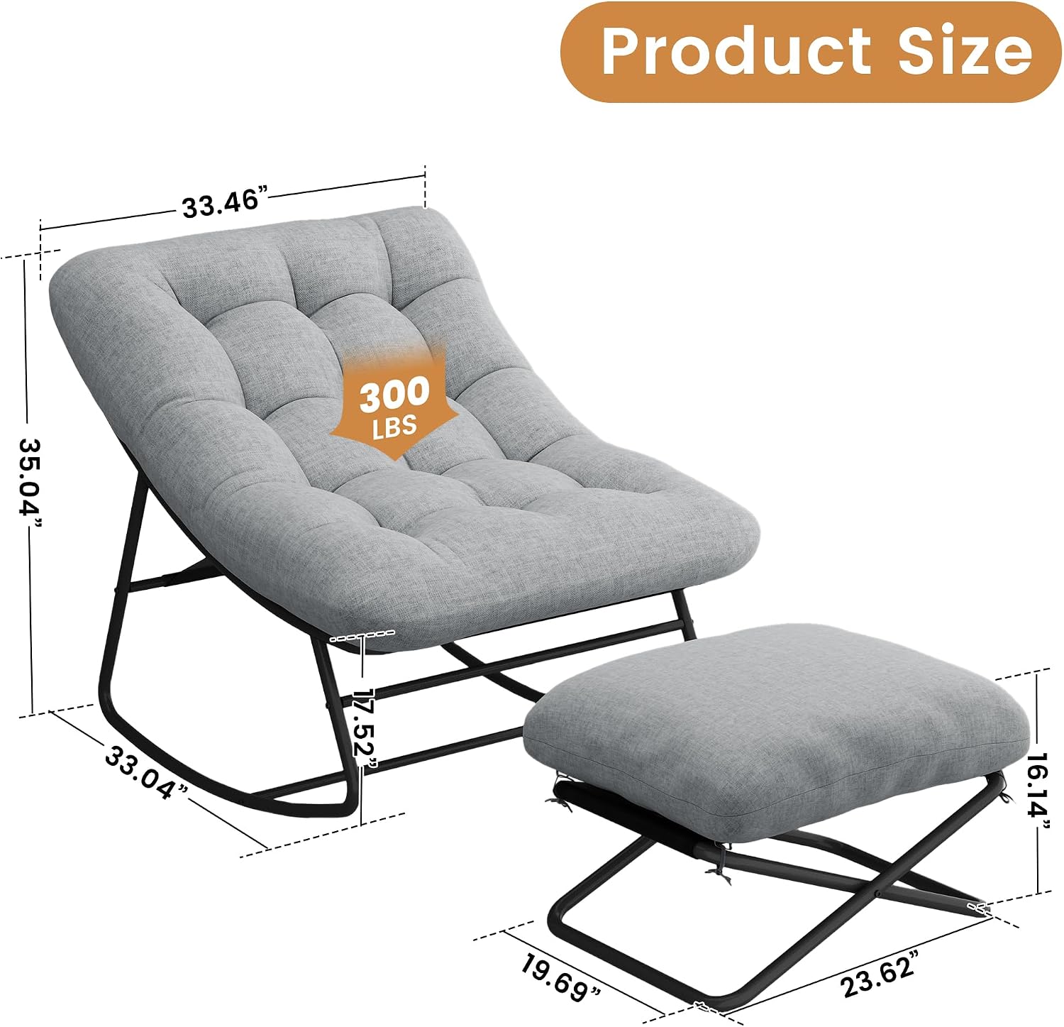 EazeHome Outdoor Rocking Chair with Footrest, Oversized Papasan Rocking Chair with Metal Frame&Cushion, Patio Egg Rocker Lounge Chair for Porch, Balcony, Bedroom, Living Room, Gray