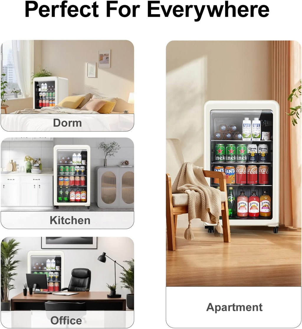 Retro Beverage Refrigerator, 3.2 Cu.Ft Mini Fridge with Glass Door, Vintage Freestanding Drink Cooler for Office, Bar, Home, Adjustable Shelving, Adjustable Thermostat (White)
