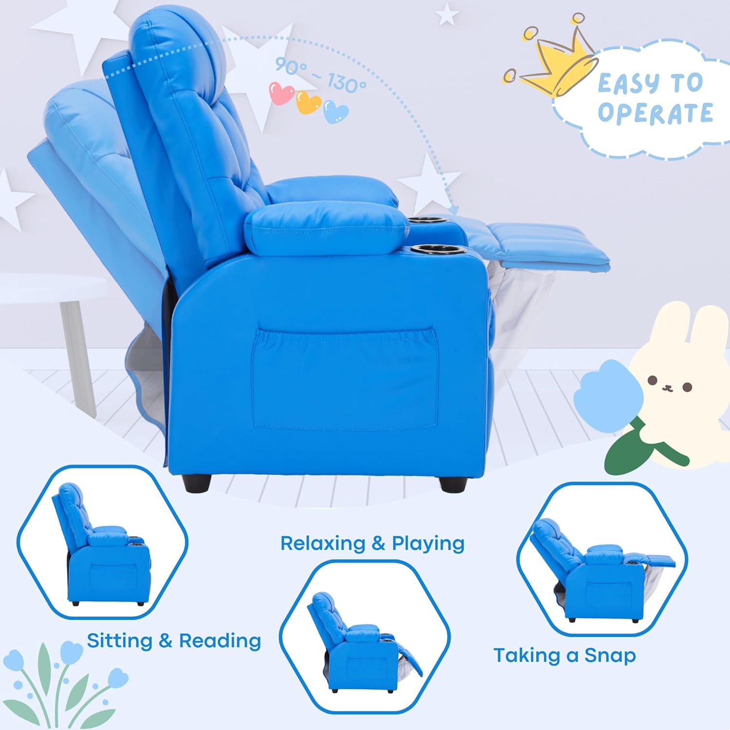 Donut Larger Kids Reclining Chair PU Leather Recliner Sofa Push Back Lounge Children Toddler Boys Girls Ages 3-12 with Dual Cup Holders and 4 Pockets