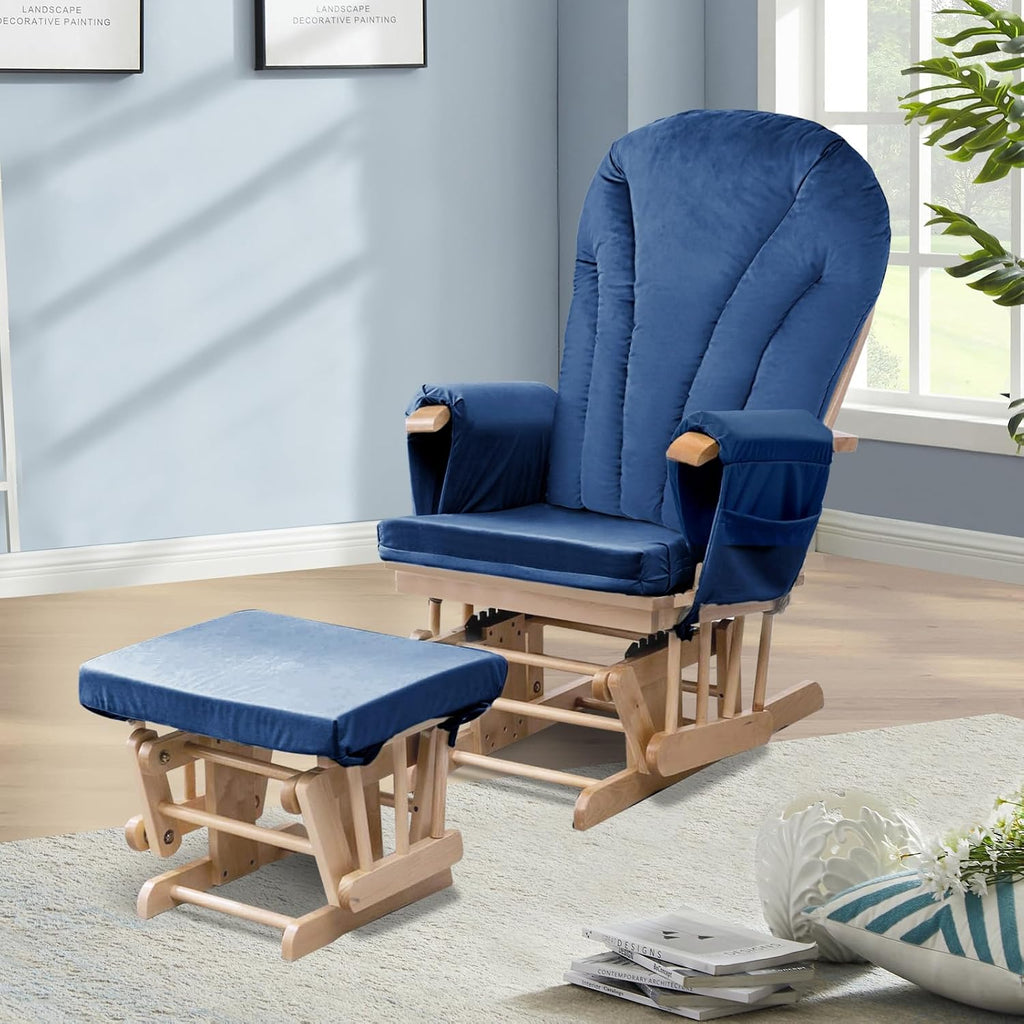 ANMINY 5pcs Glider Rocker Replacement Cushions Set Pack of 2 - Thickened Velvet Glider Rocking Chair Cushions with 29 inch High Backrest & Side Pockets for Indoor Nursery, Washable & Non Slip, Blue