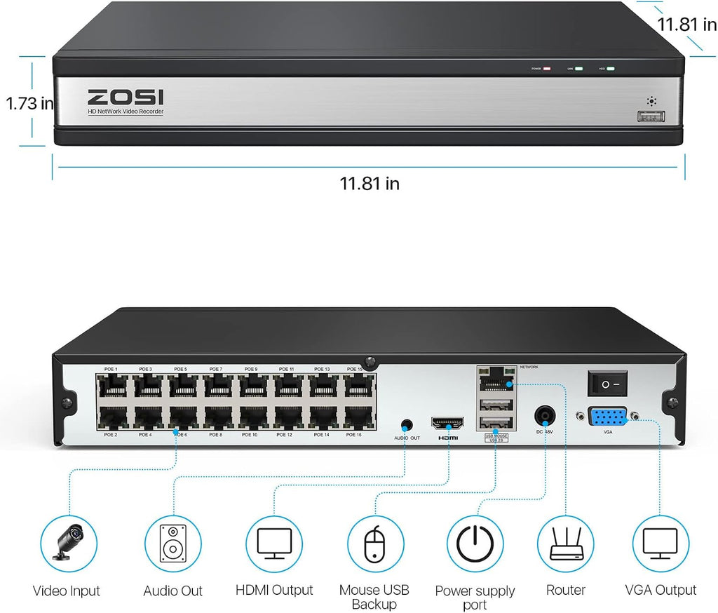 ZOSI 4K 16CH PoE NVR with 4TB Hard Drive,8MP Network Video Recorder Home Security Camera Surveillance System,24/7 Recording,Only Compatible with ZOSI 4K/8MP/5MP/4MP PoE Camera(32 Channel 16-Port)