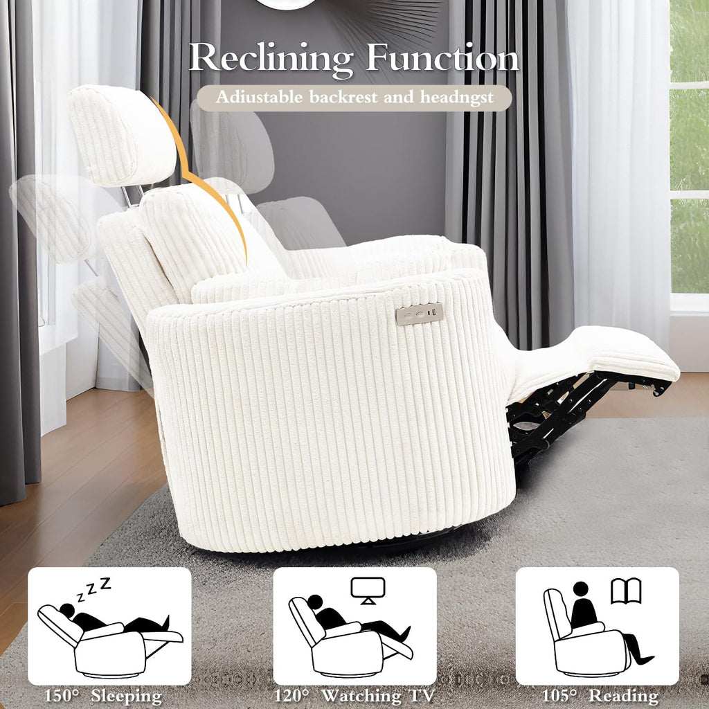 Zenosyne Power Swivel Recliner Rocking Chair Nursery Glider Rocker with Headrest, USB and Type-c Port, Corduroy Electric Reclining Sofa Chair Arm Chair for Living Room (White)
