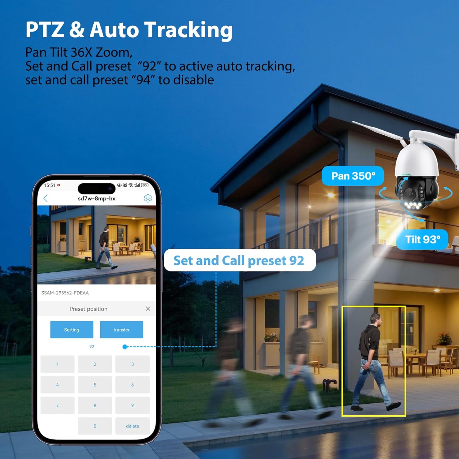 SV3C 4K 36X Zoom PTZ Camera Outdoor, 8MP Dual Band WiFi Security IP Cameras with Floodlight Color Night Vision, Humanoid Vehicle Detection, Auto Tracking,2-way Audio, ONVIF, RTSP,Cloud&SD Card Storage