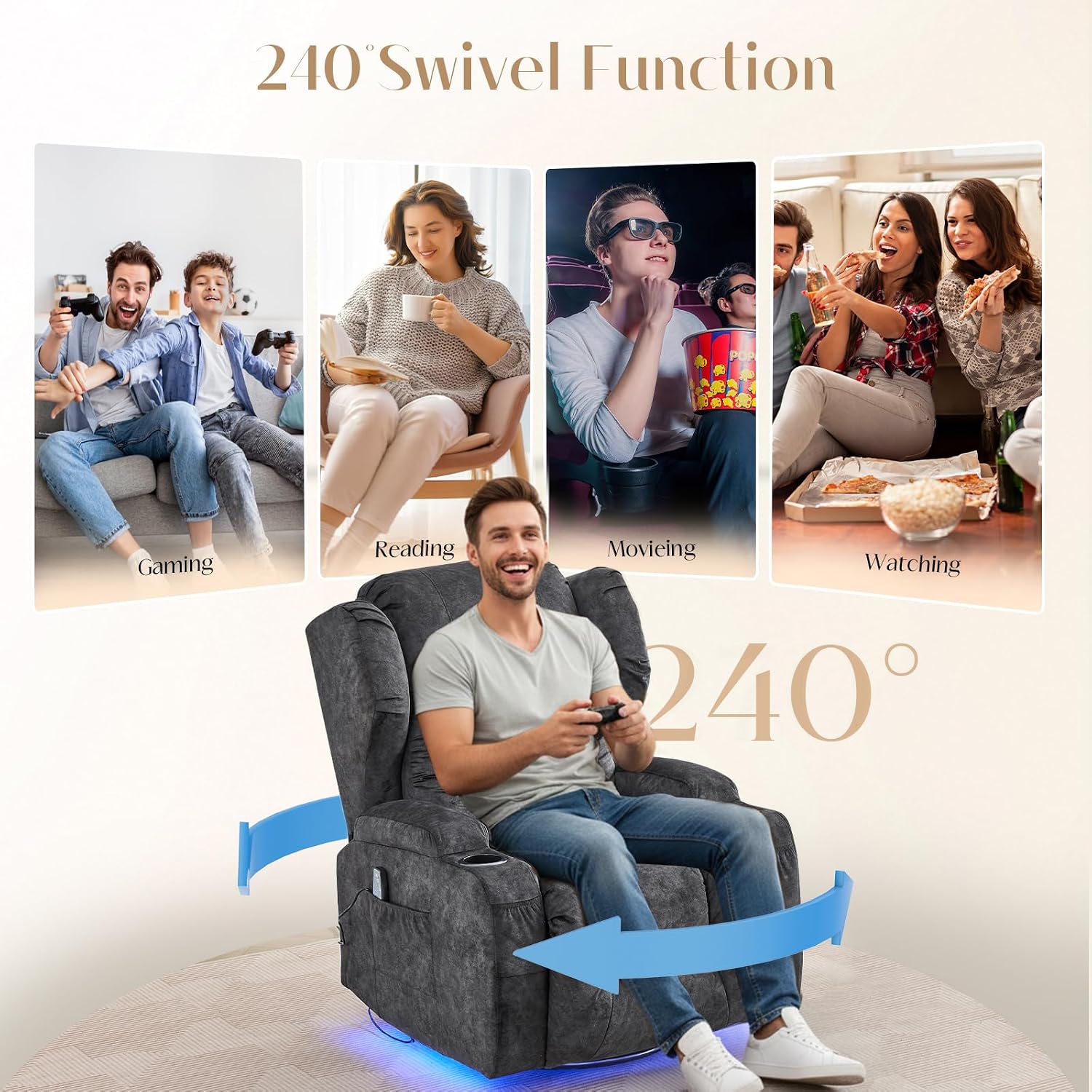Power Swivel Rocker Recliner Chair with Massage & Heat, Dual Motor Electric Glider Rocking Recliner with USB Ports, Cup Holders & LED Light for Living Room, Home Theater (Grey)