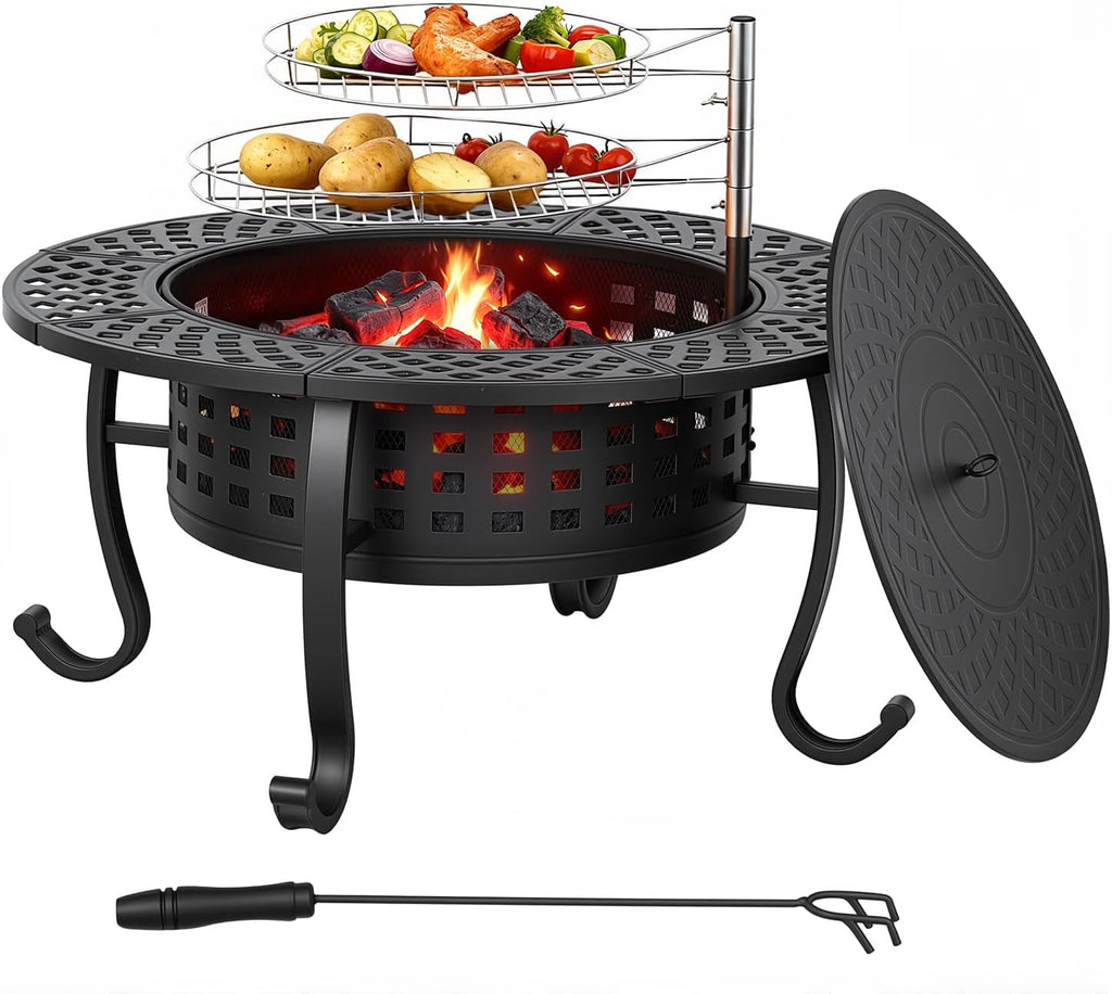 36 Inch Fire Pit with 2 Adjustable Grills, Wood Burning Outdoor Fire Pits with Lid, 3-in-1 BBQ & Fire Table for Backyard, Patio, Camping & Parties
