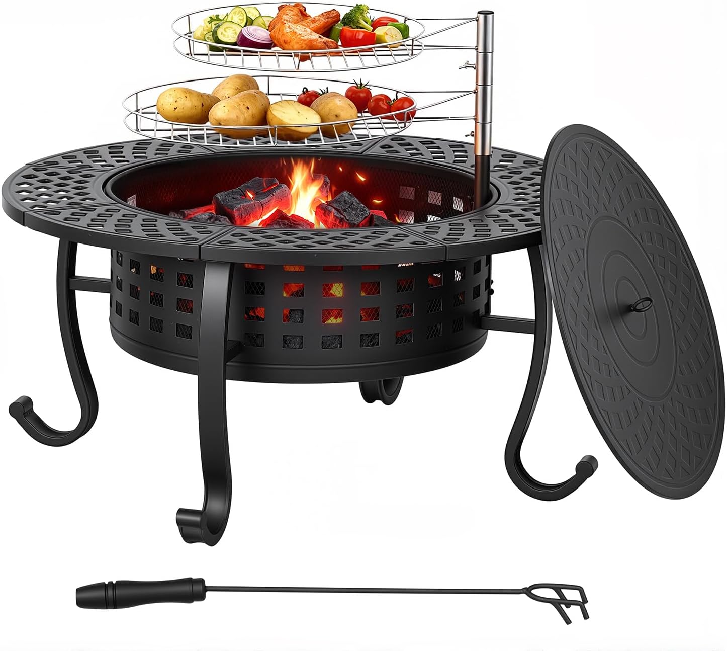 36 Inch Fire Pit with 2 Adjustable Grills, Wood Burning Outdoor Fire Pits with Lid, 3-in-1 BBQ & Fire Table for Backyard, Patio, Camping & Parties