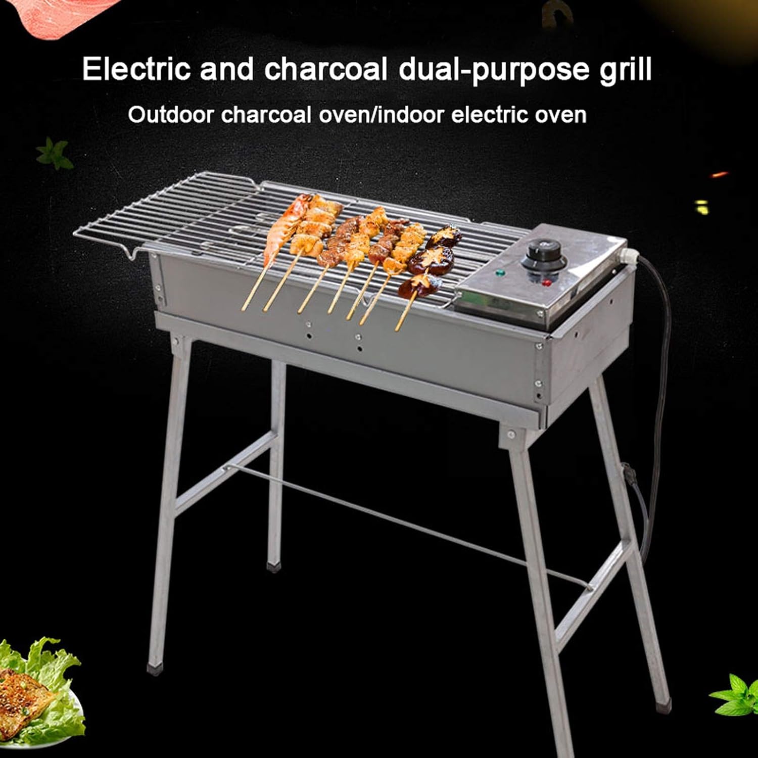 Grill for Outdoor Electric and Charcoal Barbecue Grill Large Zinc Alloy BBQ Grill Indoor and Outdoor Smokeless Charcoal Grill with Strong Legs,2800W, 24.4'×10.6'×30.7' Barbecue Grill