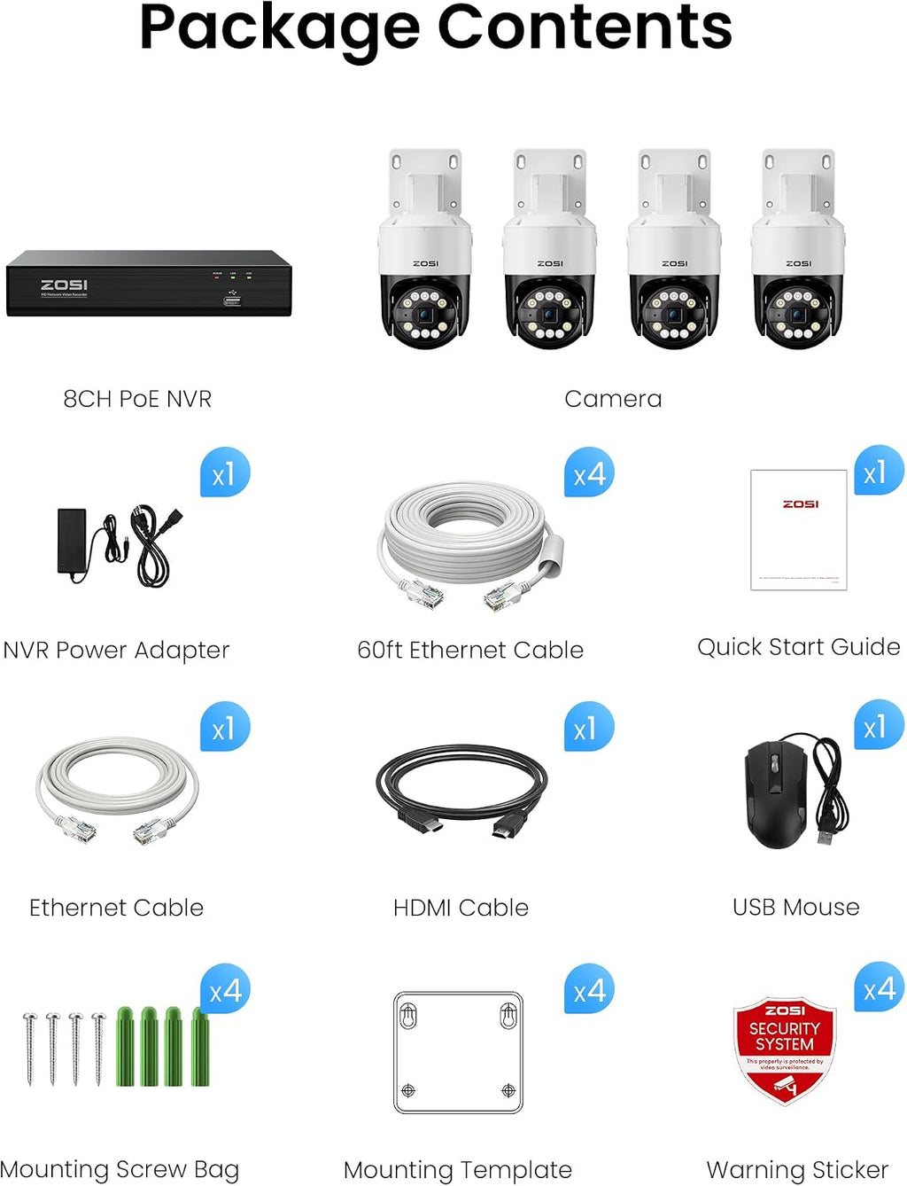 ZOSI 4K PoE Home Security Camera System with AI Face Person Vehicle Detect, 4 x 5MP 3K Pan/Tilt PoE IP Camera Outdoor, Auto Track, 5X Digital Zoom, 2-Way Audio, 8CH 8MP NVR(16CH Expandable), 2TB HDD