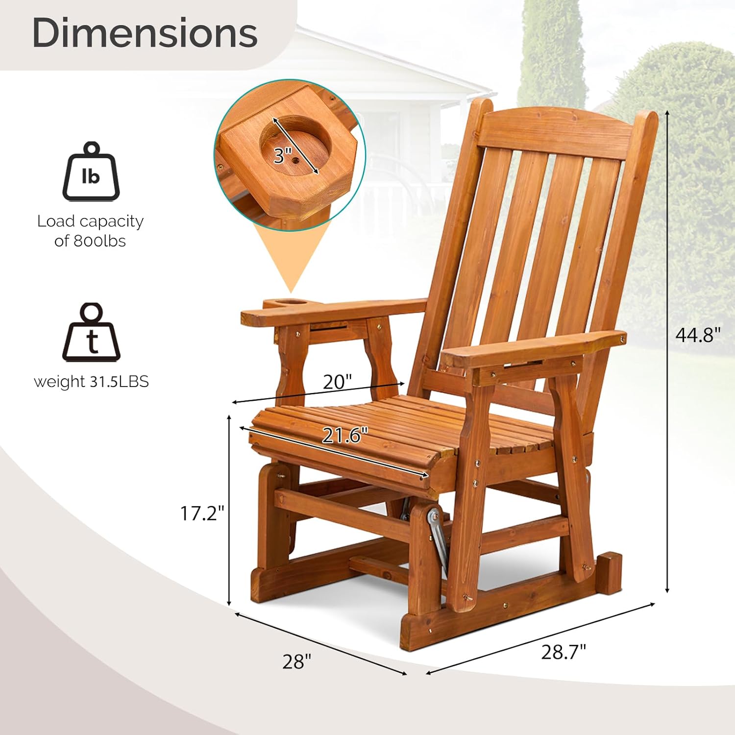 Bonnlo Outdoor Glider Chair Wood Patio Glider with Cup Holder, Porch Glider with Smooth Rocking Mechanism, Heavy Duty 600 LBS