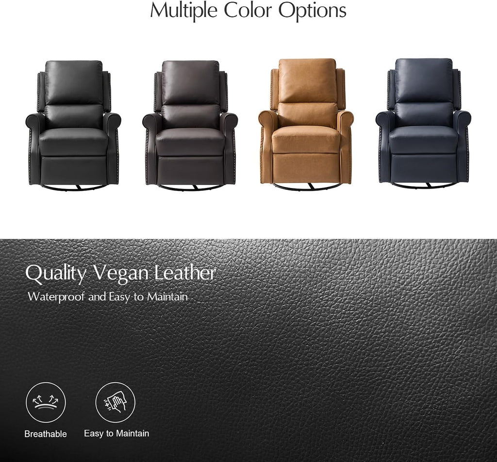 HULALA HOME Faux Leather Swivel Rocker Recliner with Adjustable Backrest and Footrest, Push Back Recliner Chair with Nailhead Trim, 360° Swivel Glider Rocking Chair for Living Room Bedroom, Black