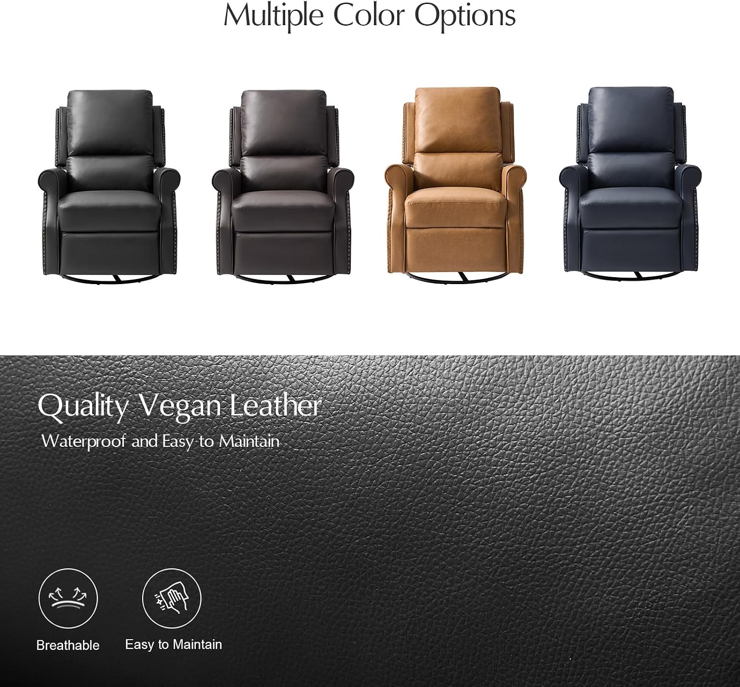 HULALA HOME Faux Leather Swivel Rocker Recliner with Adjustable Backrest and Footrest, Push Back Recliner Chair with Nailhead Trim, 360° Swivel Glider Rocking Chair for Living Room Bedroom, Black