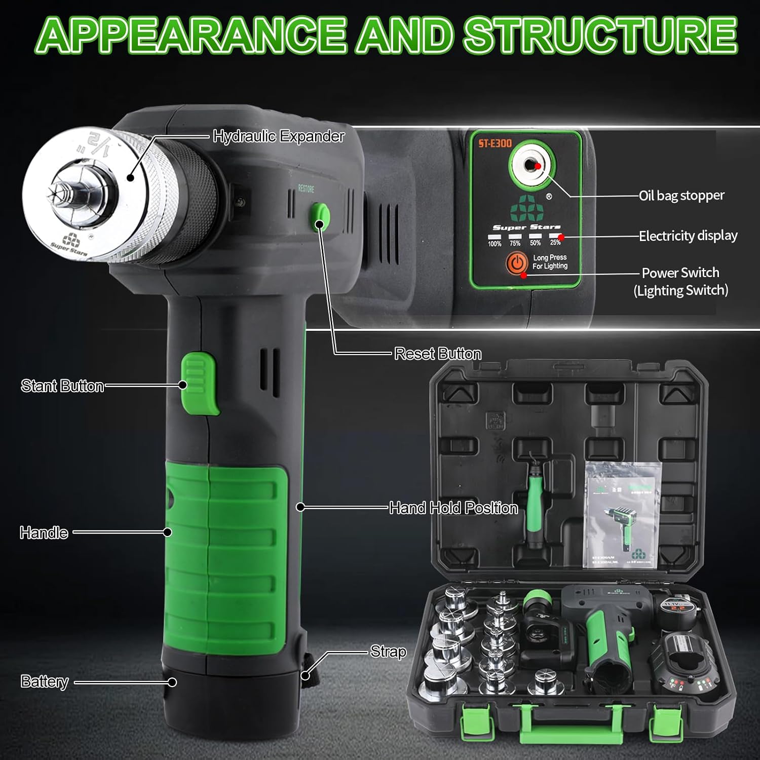 Electric Tubing Expander Swaging Tool Kit, with 2200mAh Powered, 7 Expander Heads for 3/8' to 1-1/8', Power HVAC Expander Tool with Tube Cutter, Deburring Tool for Copper Aluminum Pipes