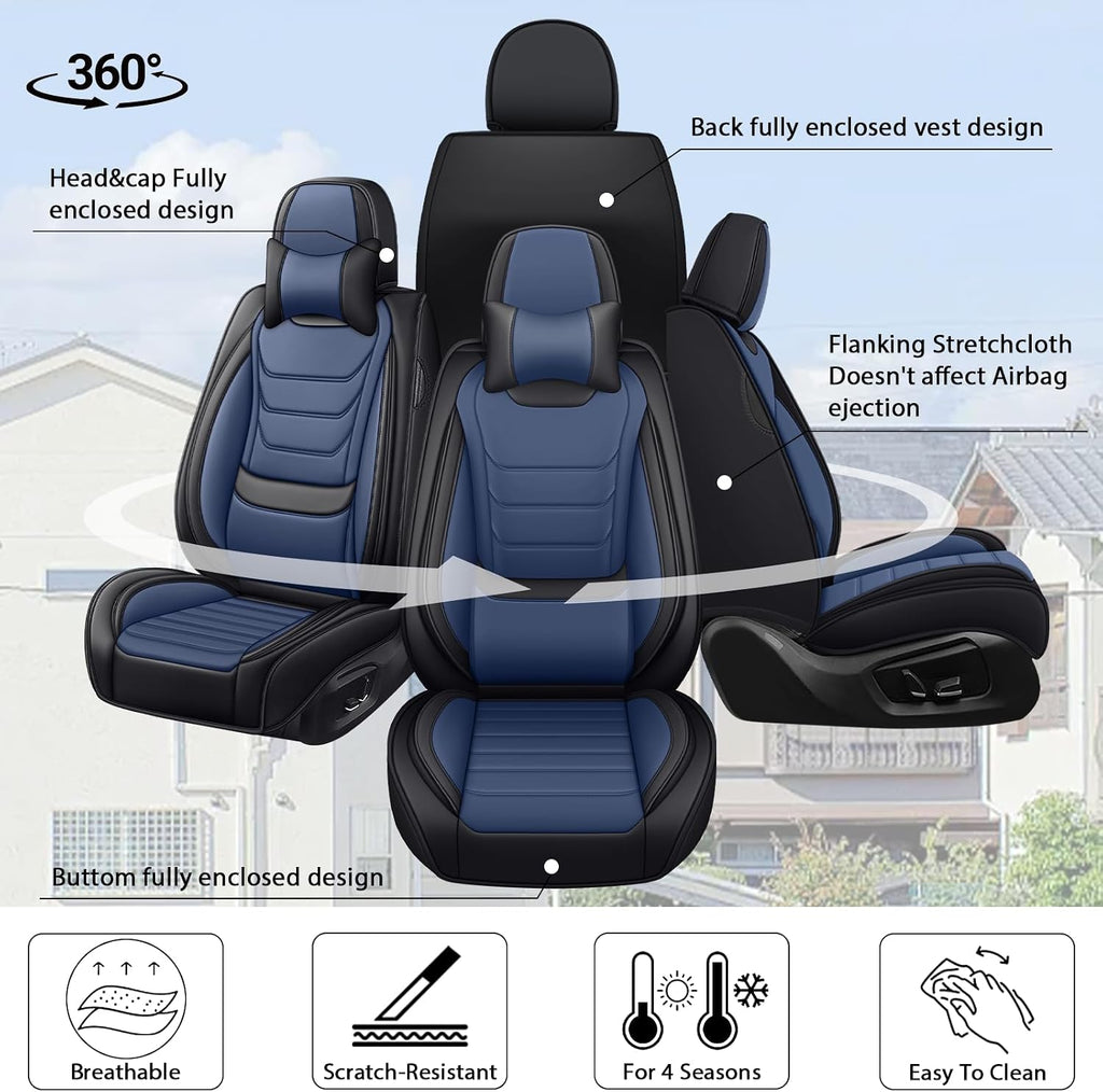 Fit for Toyota Tacoma 2004-2025 Custom Seat Covers, PU Leather Car Seat Covers, Full Coverage Protection, Thick Cushioning Seat Protectors(Luxury Full Set/Black Blue)