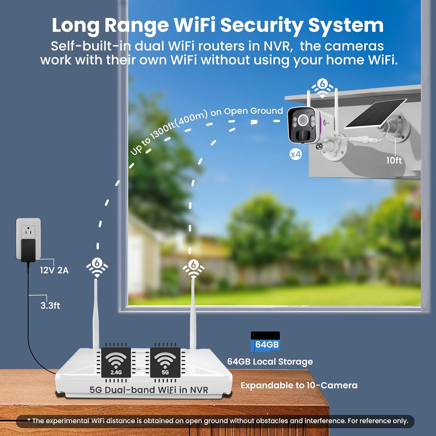 xmartO Wireless Solar Security Camera System, 10CH 4K Expandable WiFi6 NVR+4*4MP 2K Outdoor Cams, All Weather Solar, 2-Way Audio, IR&Color NV, Long Range WiFi Mesh, Free 120-Day Video,No Monthly Fees